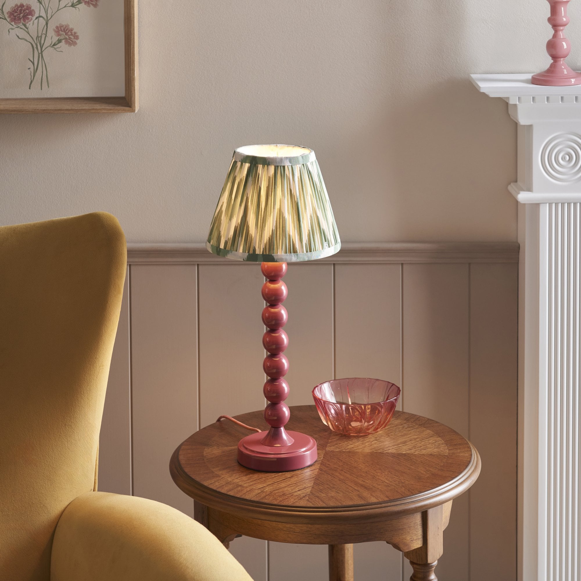 Endon Higgledy Gloss Pink Clay Table Lamp & Zigzag 20cm Cotswold Green Shade