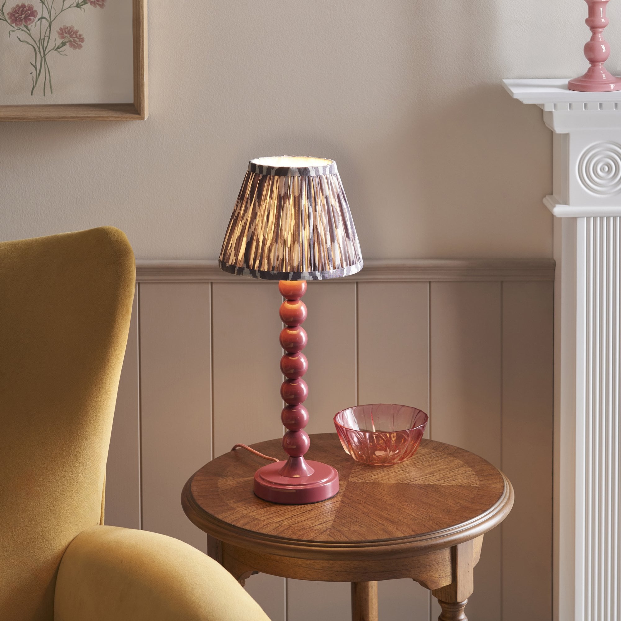 Endon Higgledy Gloss Pink Clay Table Lamp & Ikat 20cm Pearl Grey Shade