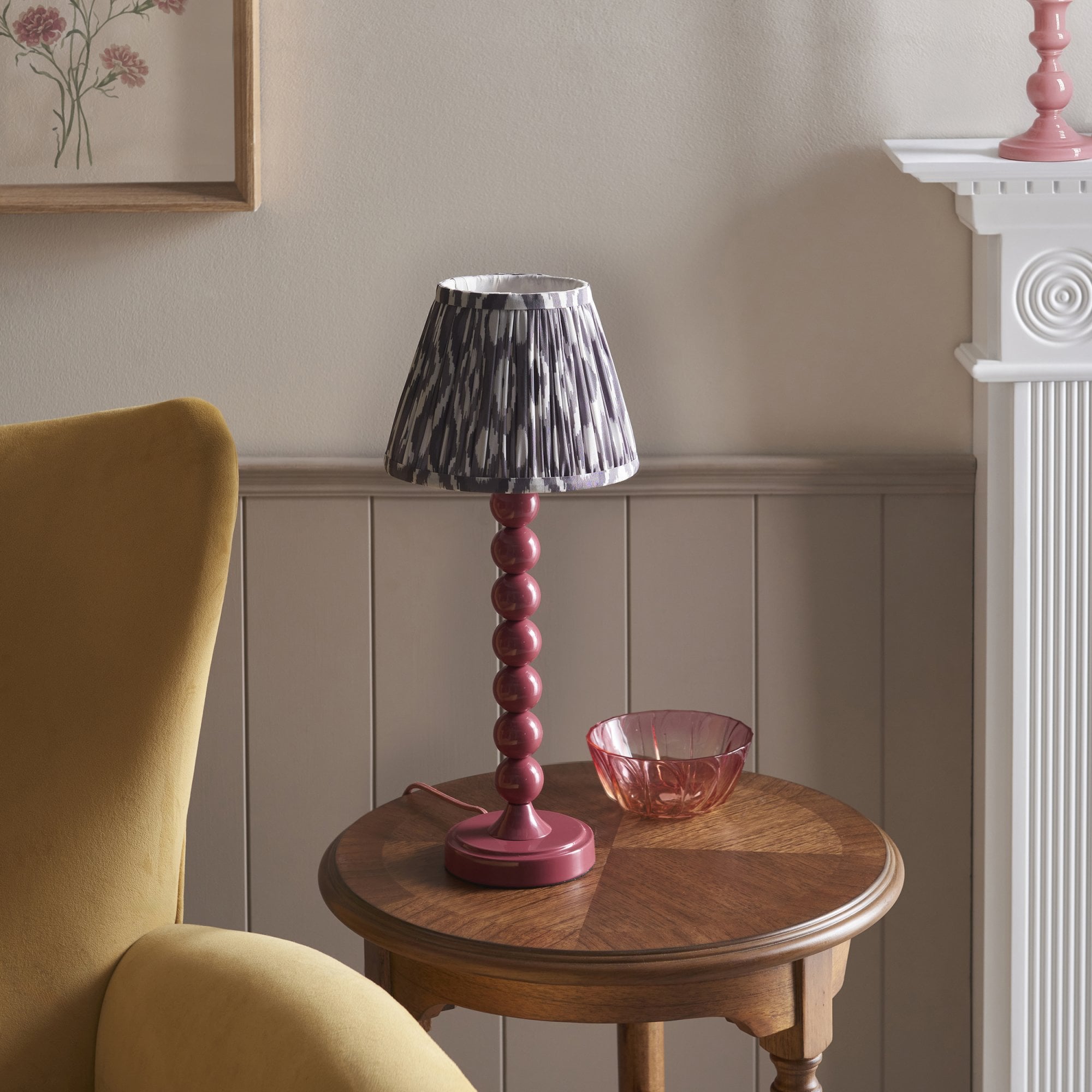 Endon Higgledy Gloss Pink Clay Table Lamp & Ikat 20cm Pearl Grey Shade