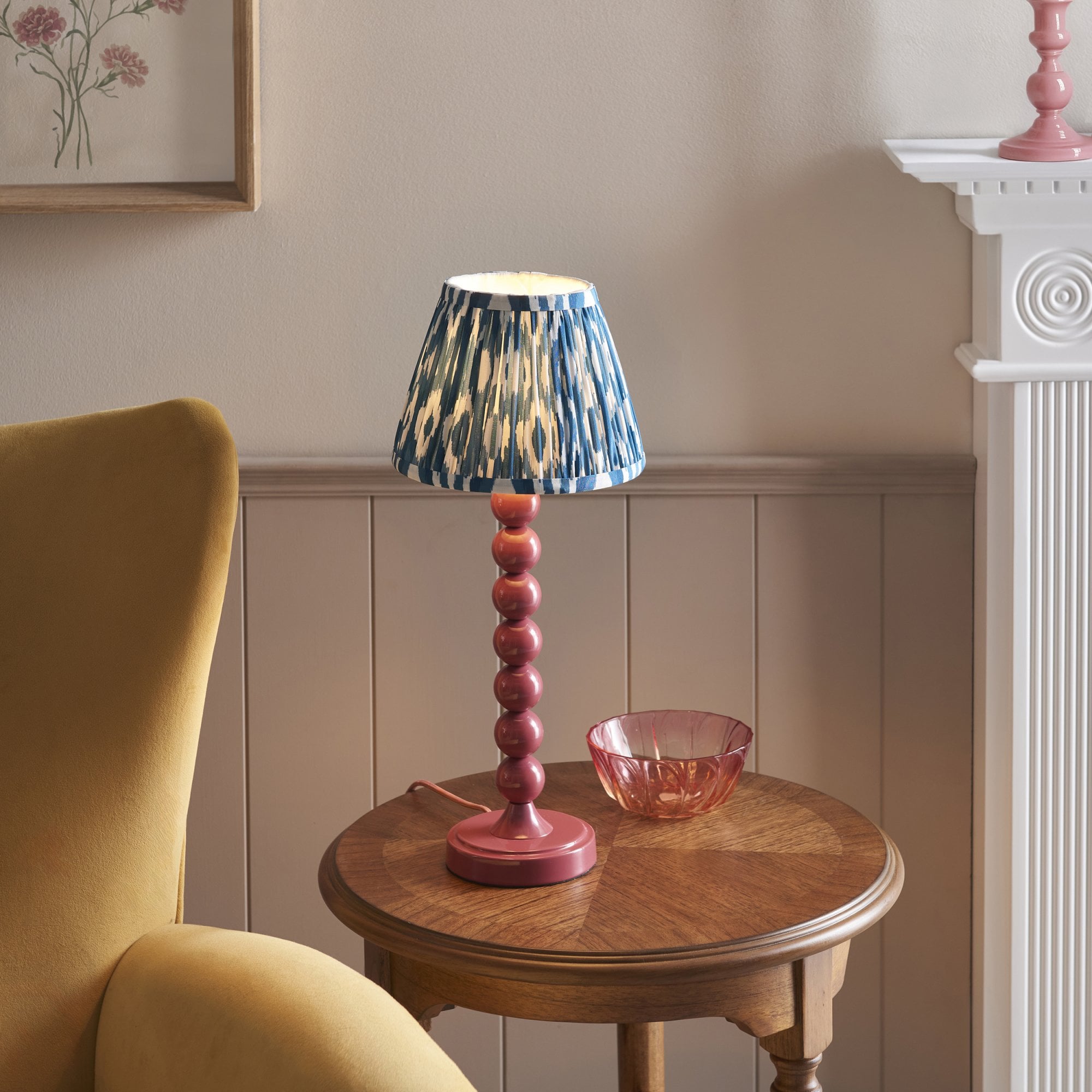 Endon Higgledy Gloss Pink Clay Table Lamp & Ikat 20cm Marlin Blue Shade
