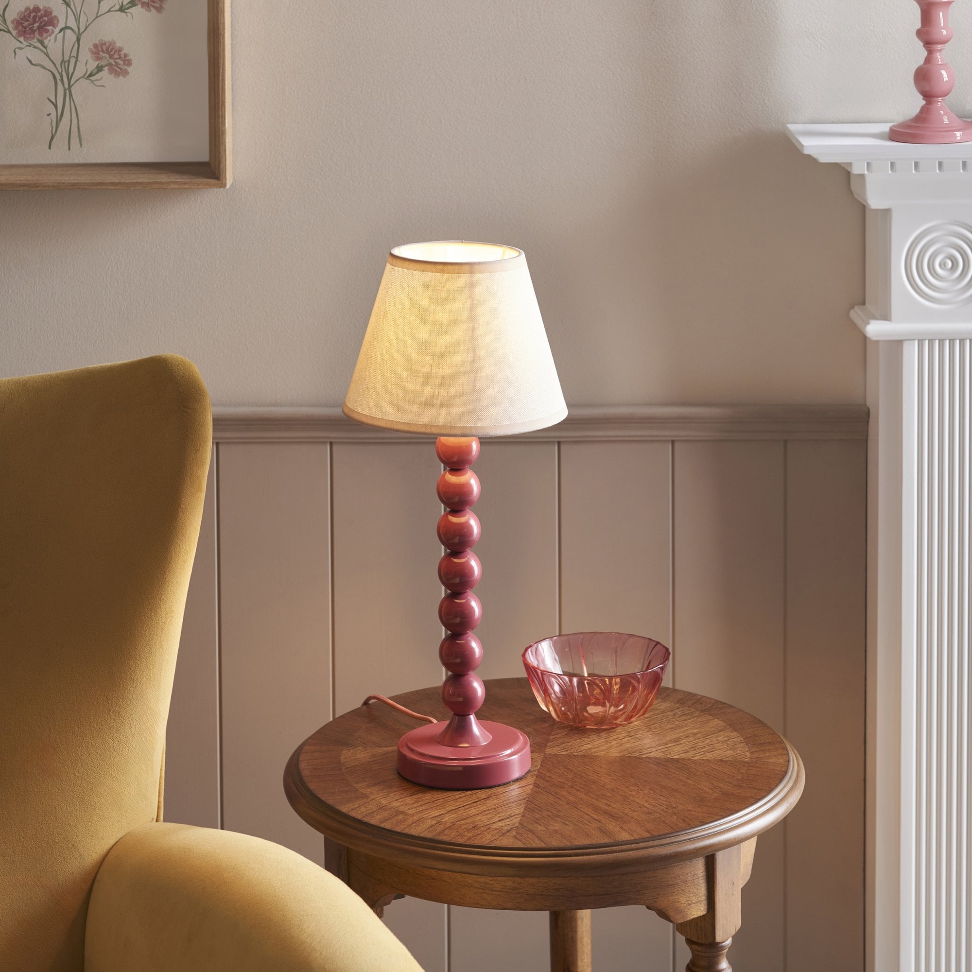 Endon Higgledy Gloss Pink Clay Table Lamp & Ivy 20cm Vintage White Shade