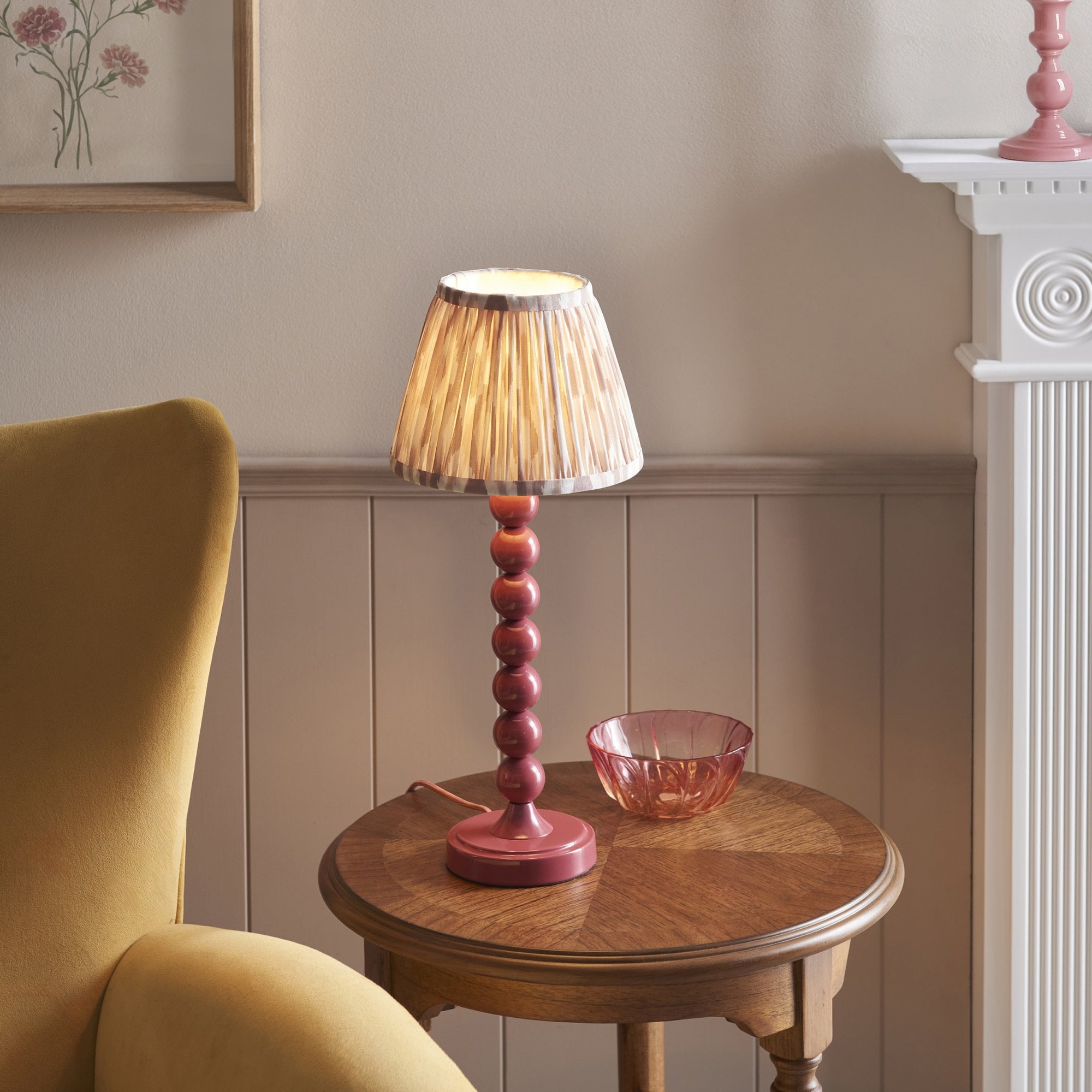 Endon Higgledy Gloss Pink Clay Table Lamp & Ikat 20cm Neutral Shade