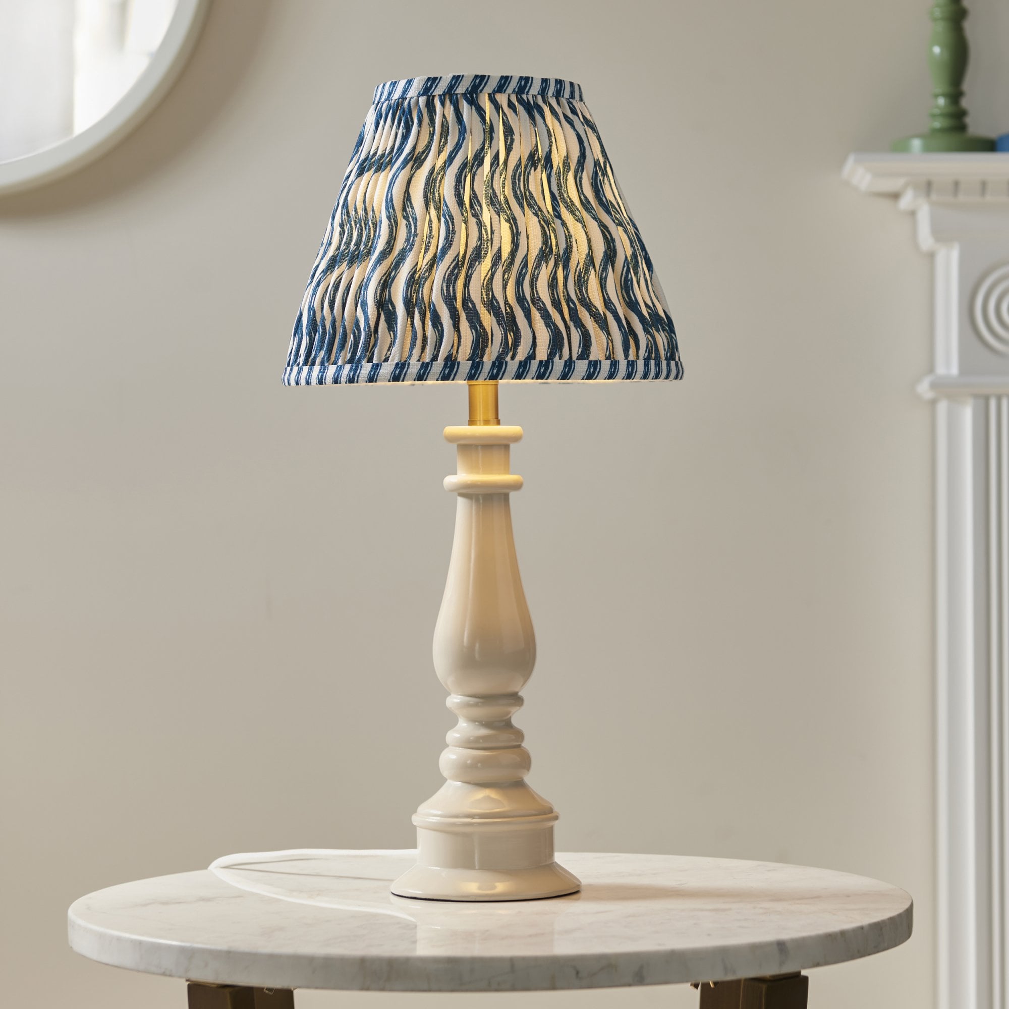 Endon Myrtle Gloss Almond White Table Lamp & Ripple 25cm Marlin Blue Shade