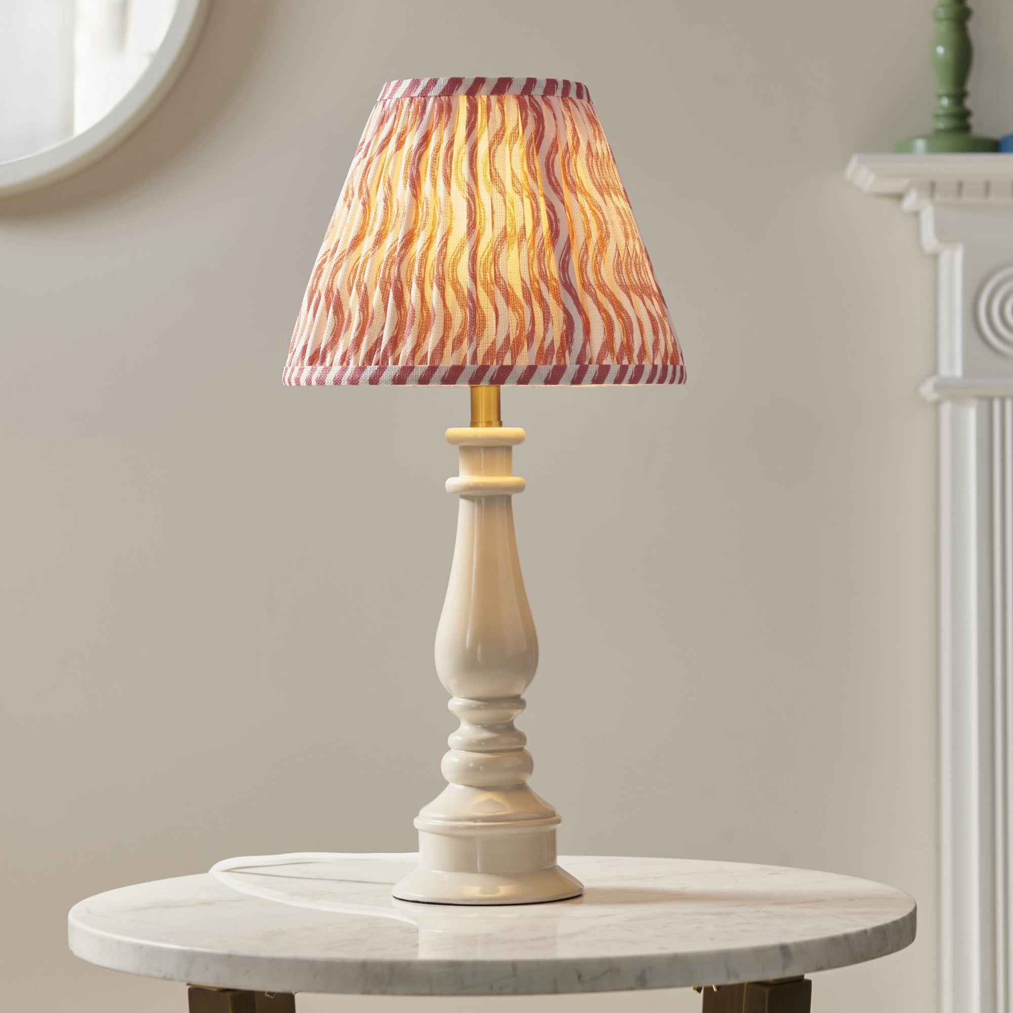 Endon Myrtle Gloss Almond White Table Lamp & Ripple 25cm Coral Pink Shade