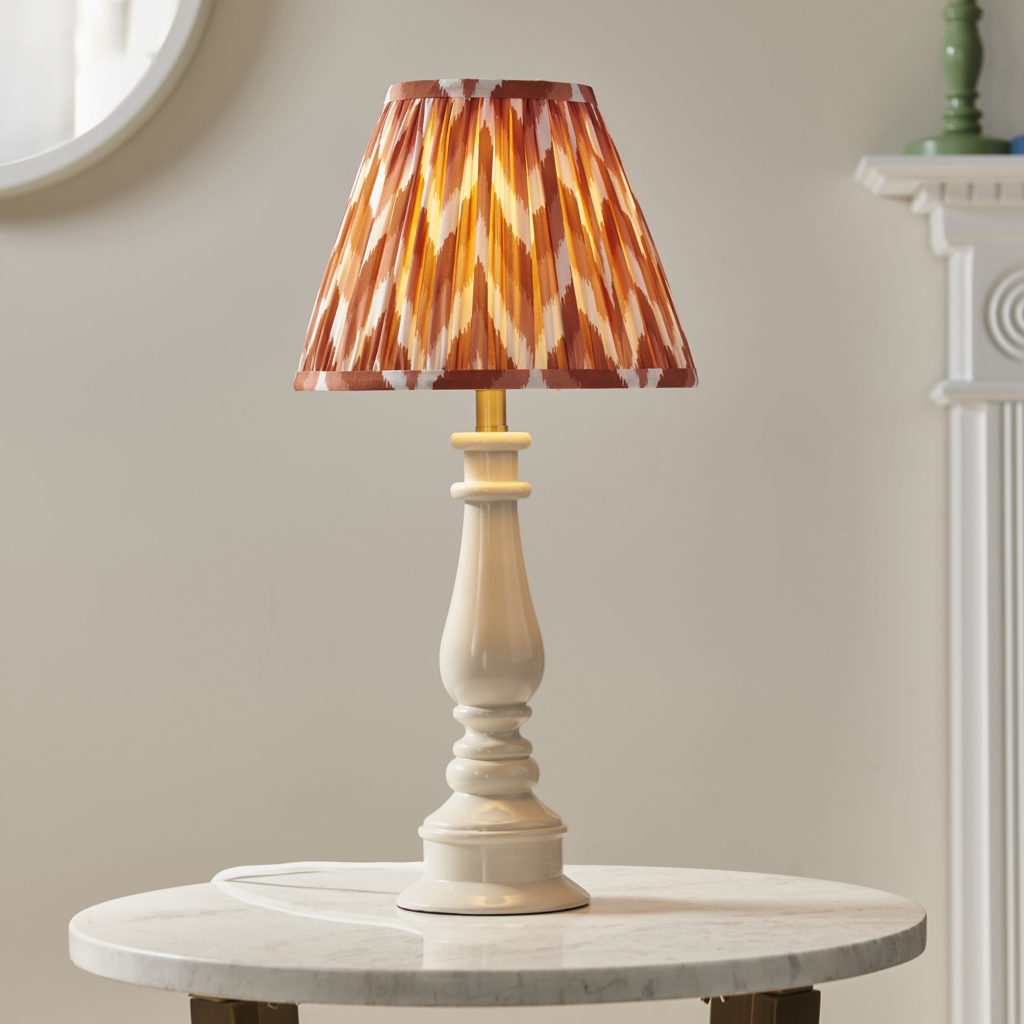 Endon Myrtle Gloss Almond White Table Lamp & Zigzag 25cm Apricot Orange Shade