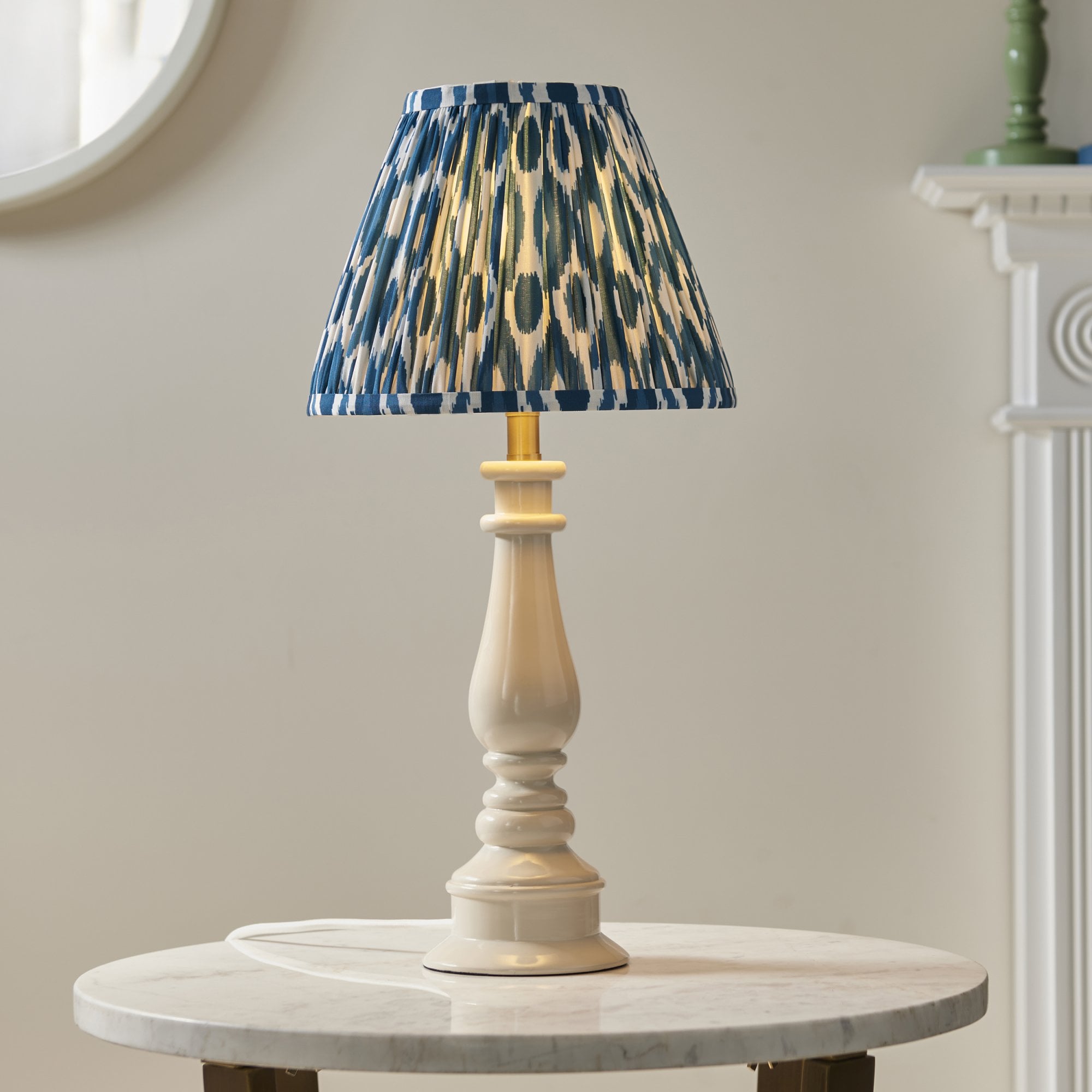 Endon Myrtle Gloss Almond White Table Lamp & Ikat 25cm Marlin Blue Shade