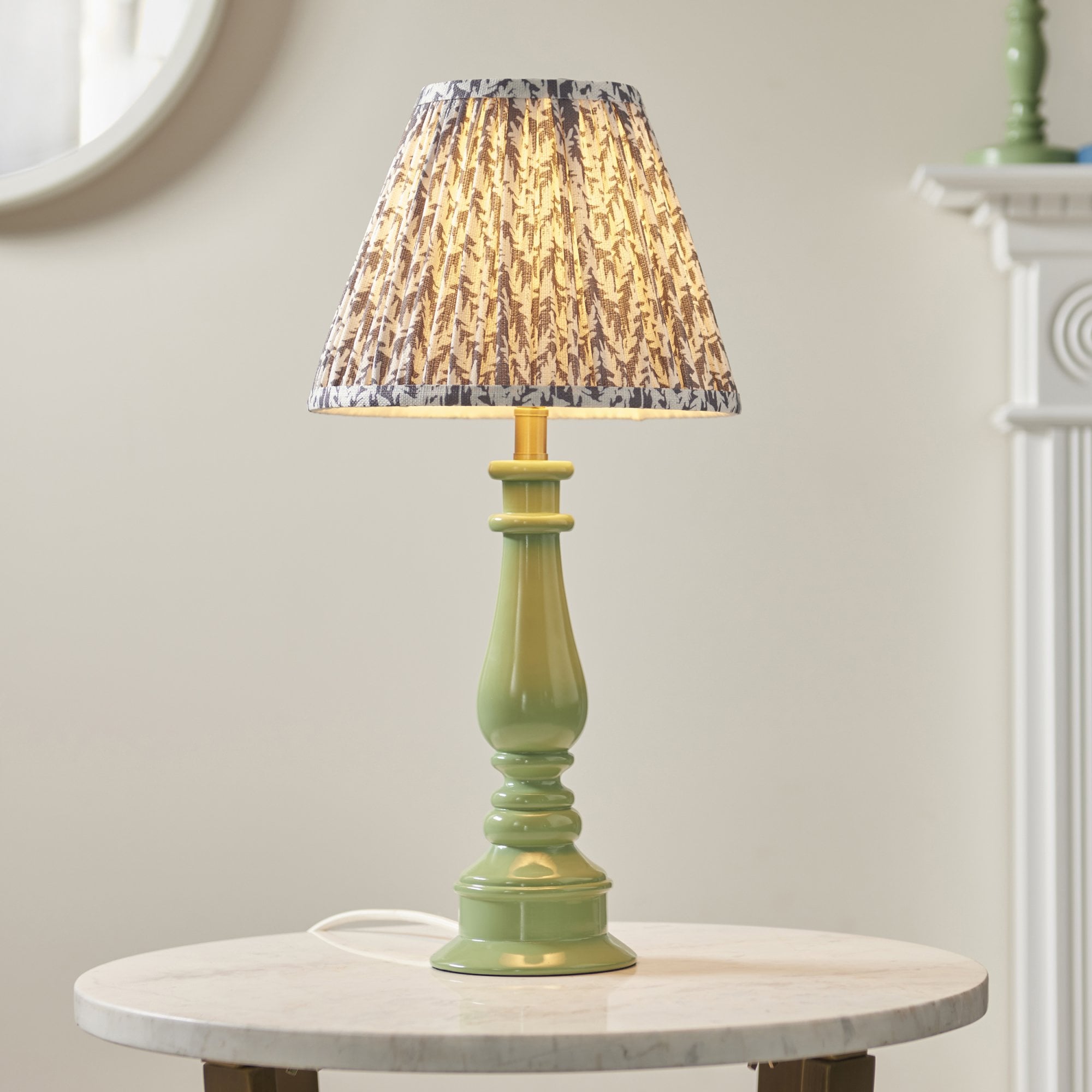 Endon Myrtle Gloss Cotswold Green Table Lamp & Leaf 25cm Pearl Grey Shade