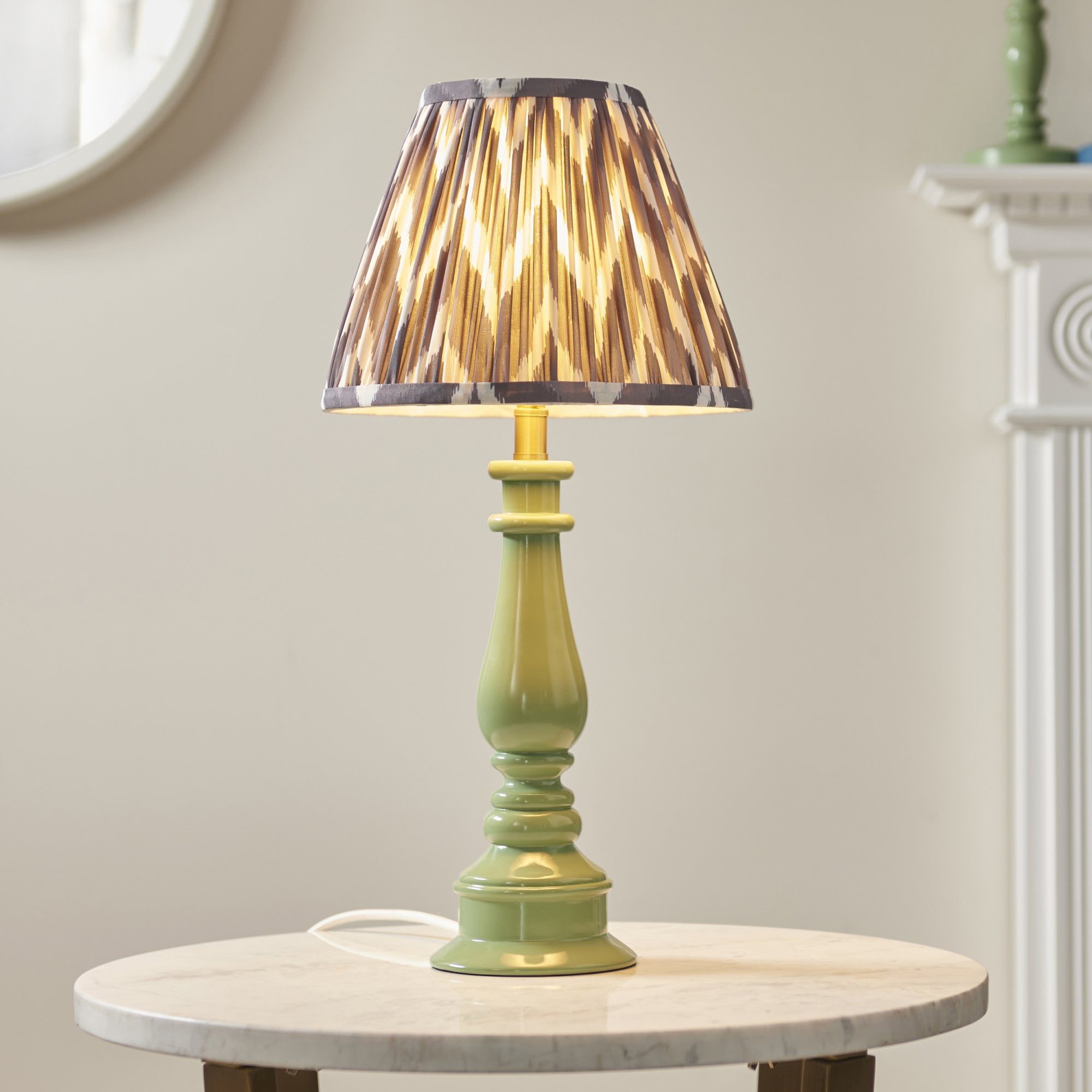 Endon Myrtle Gloss Cotswold Green Table Lamp & Zigzag 25cm Pearl Grey Shade