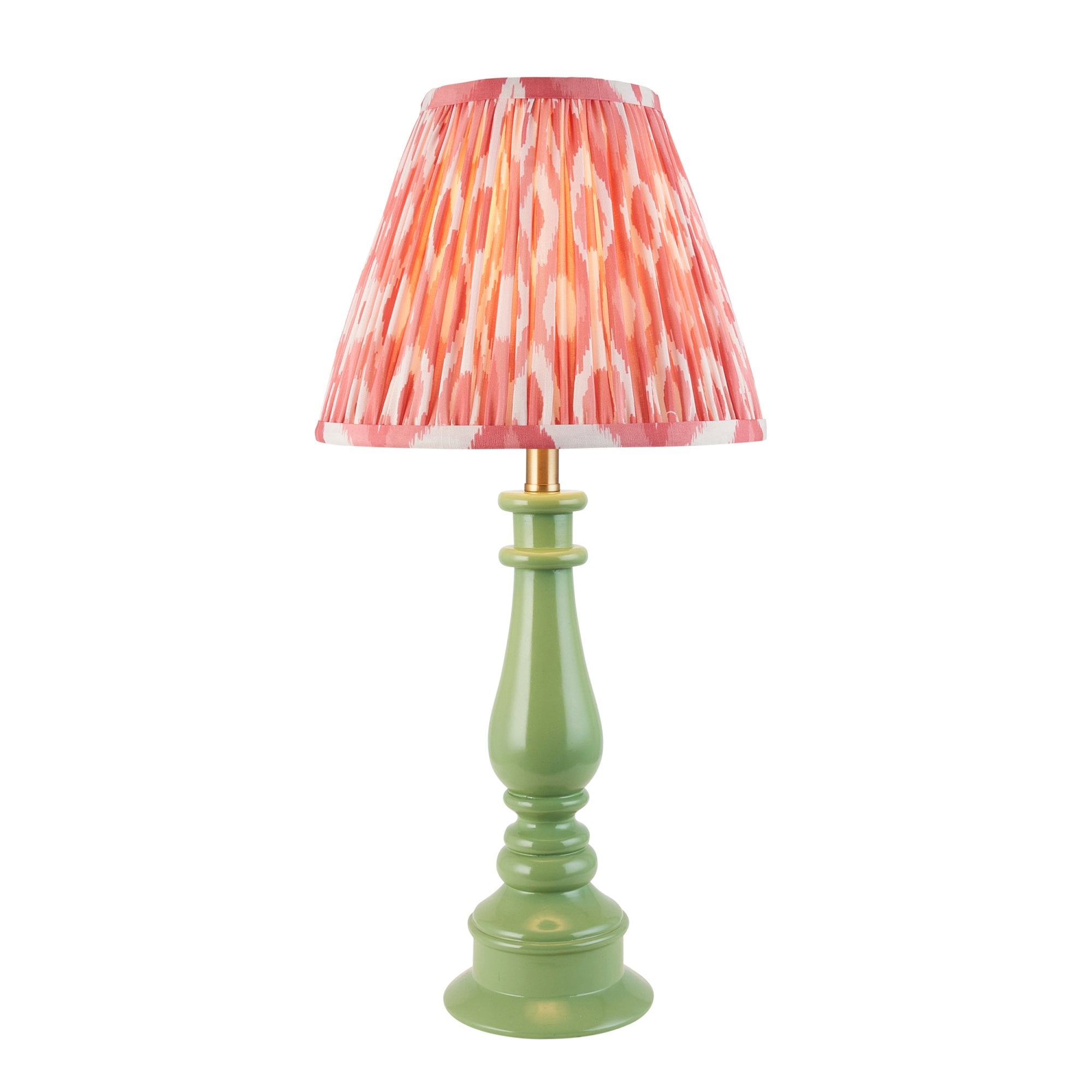 Endon Myrtle Gloss Cotswold Green Table Lamp & Ikat 25cm Coral Pink Shade
