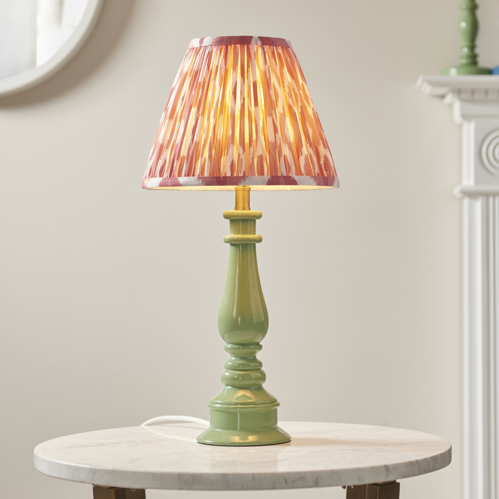 Endon Myrtle Gloss Cotswold Green Table Lamp & Ikat 25cm Coral Pink Shade
