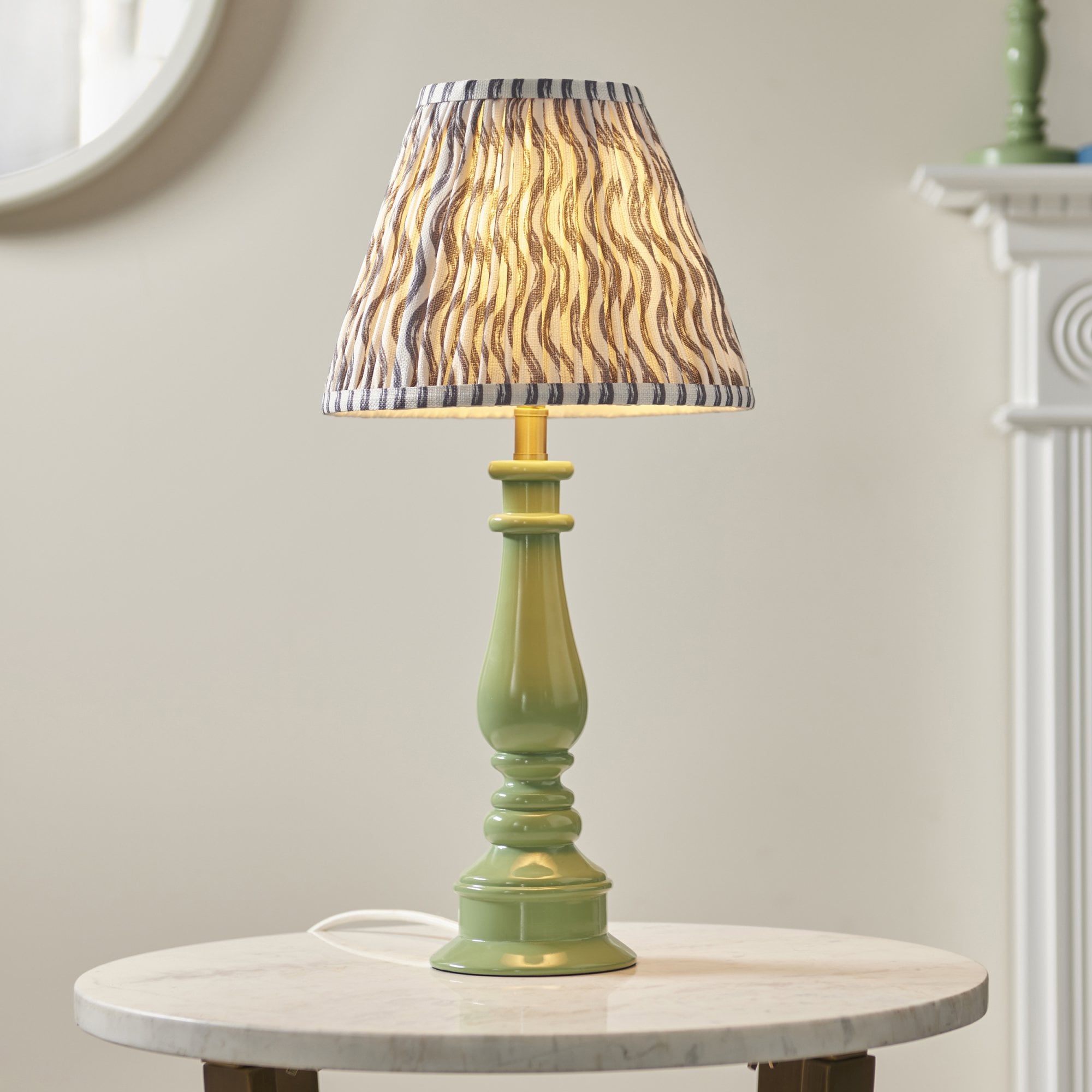 Endon Myrtle Gloss Cotswold Green Table Lamp & Ripple 25cm Pearl Grey Shade
