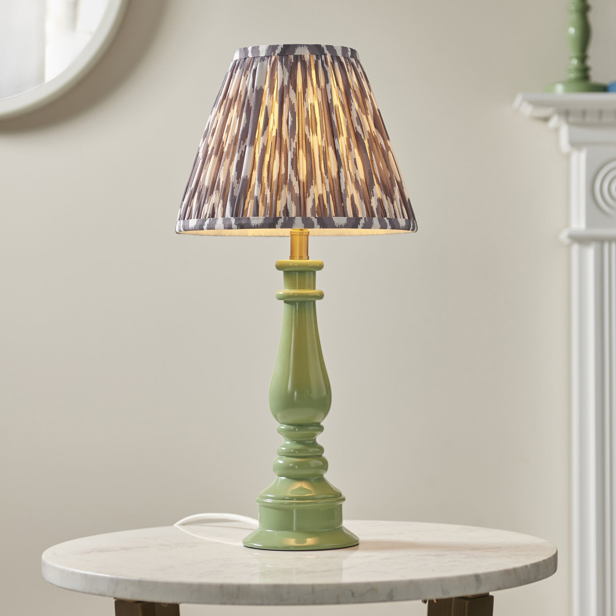 Endon Myrtle Gloss Cotswold Green Table Lamp & Ikat 25cm Pearl Grey Shade