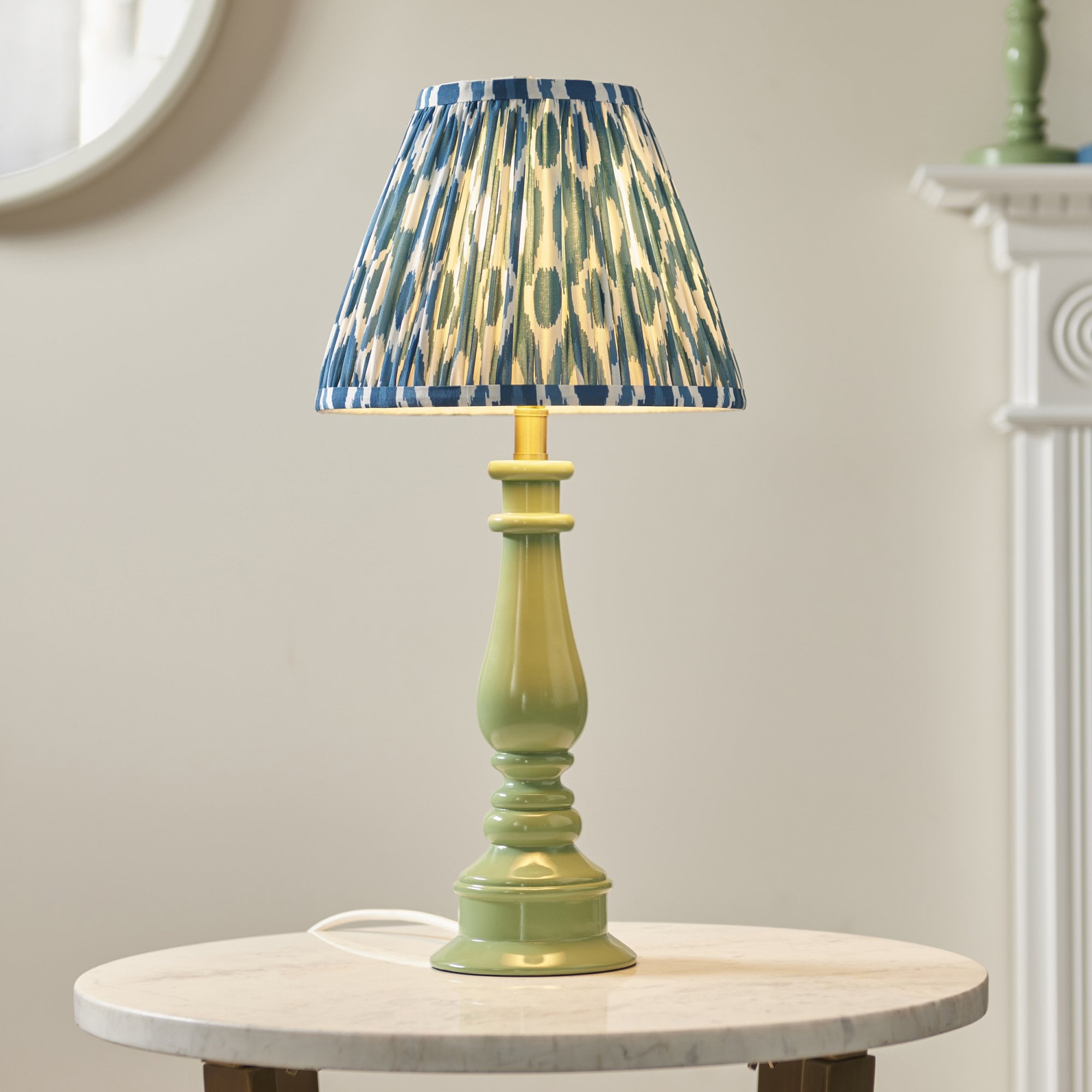 Endon Myrtle Gloss Cotswold Green Table Lamp & Ikat 25cm Marlin Blue Shade