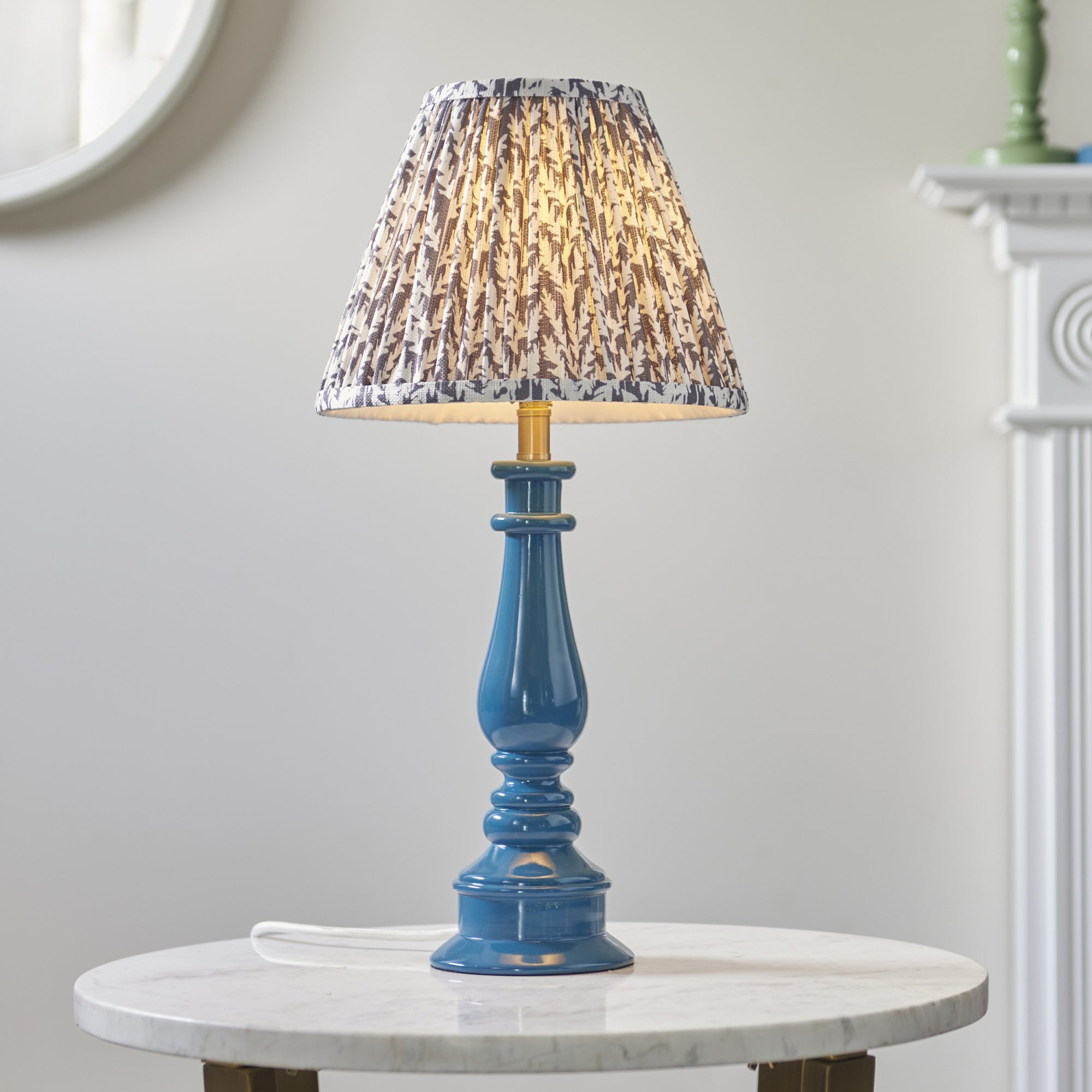 Endon Myrtle Gloss Marlin Blue Table Lamp & Leaf 25cm Pearl Grey Shade