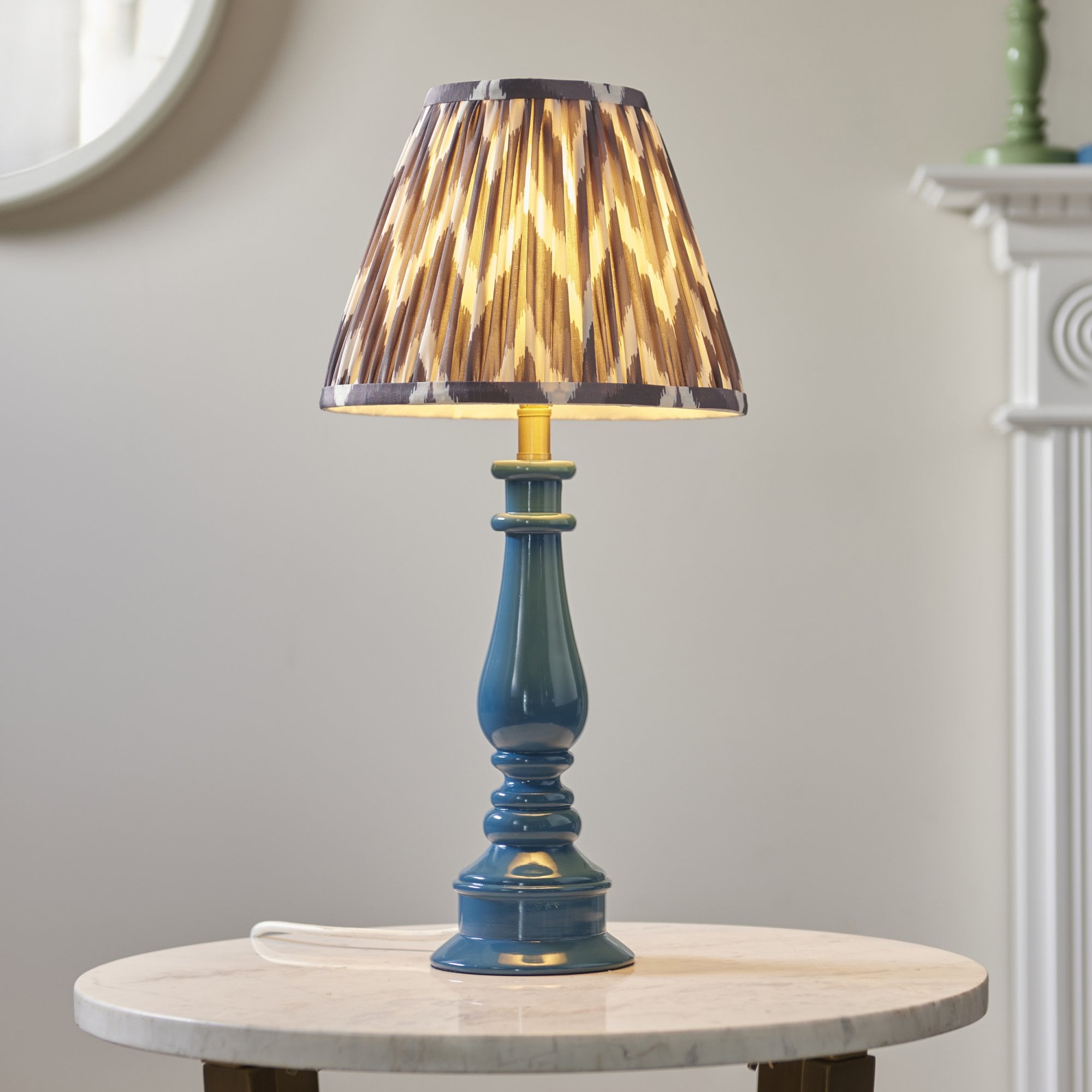 Endon Myrtle Gloss Marlin Blue Table Lamp & Zigzag 25cm Pearl Grey Shade