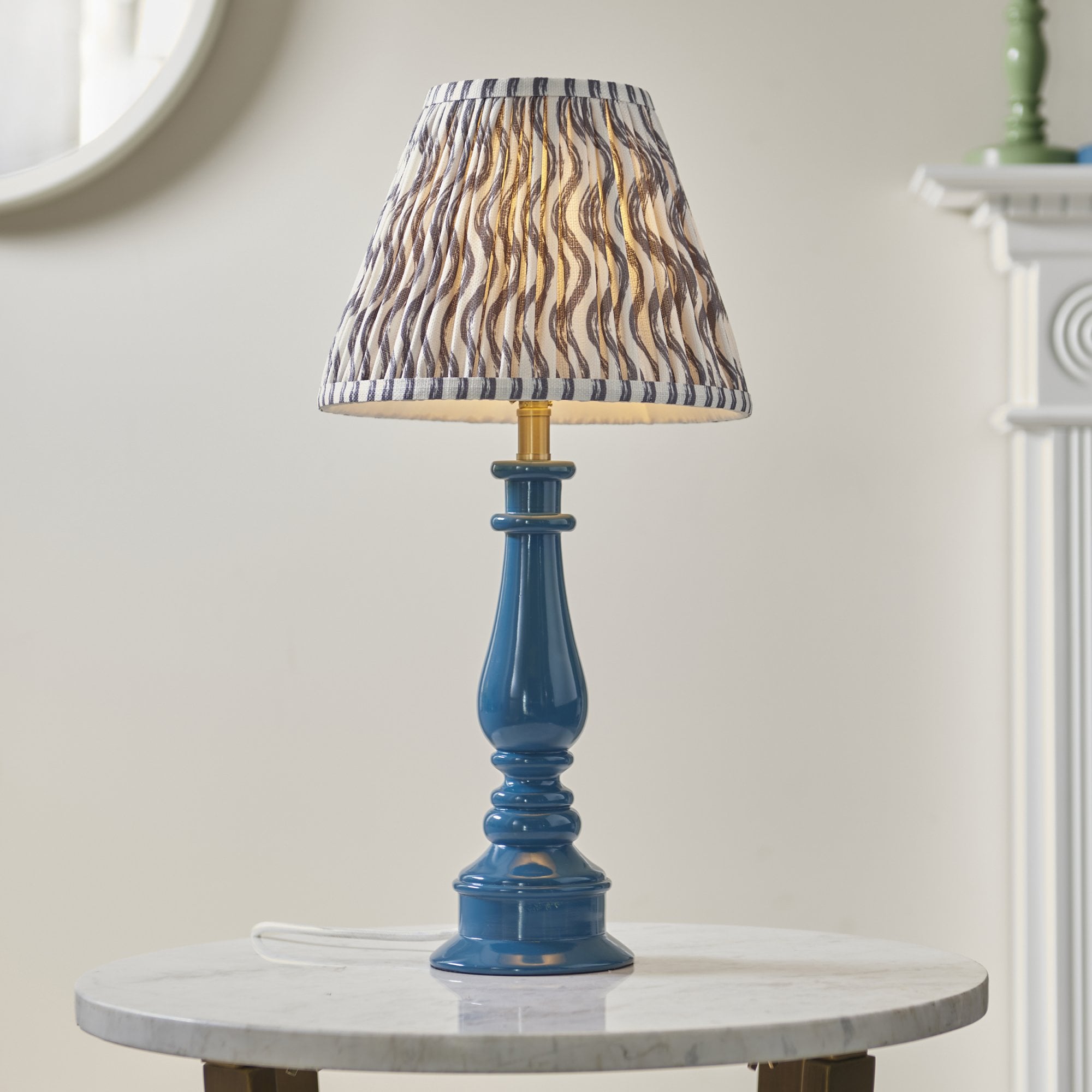 Endon Myrtle Gloss Marlin Blue Table Lamp & Ripple 25cm Pearl Grey Shade