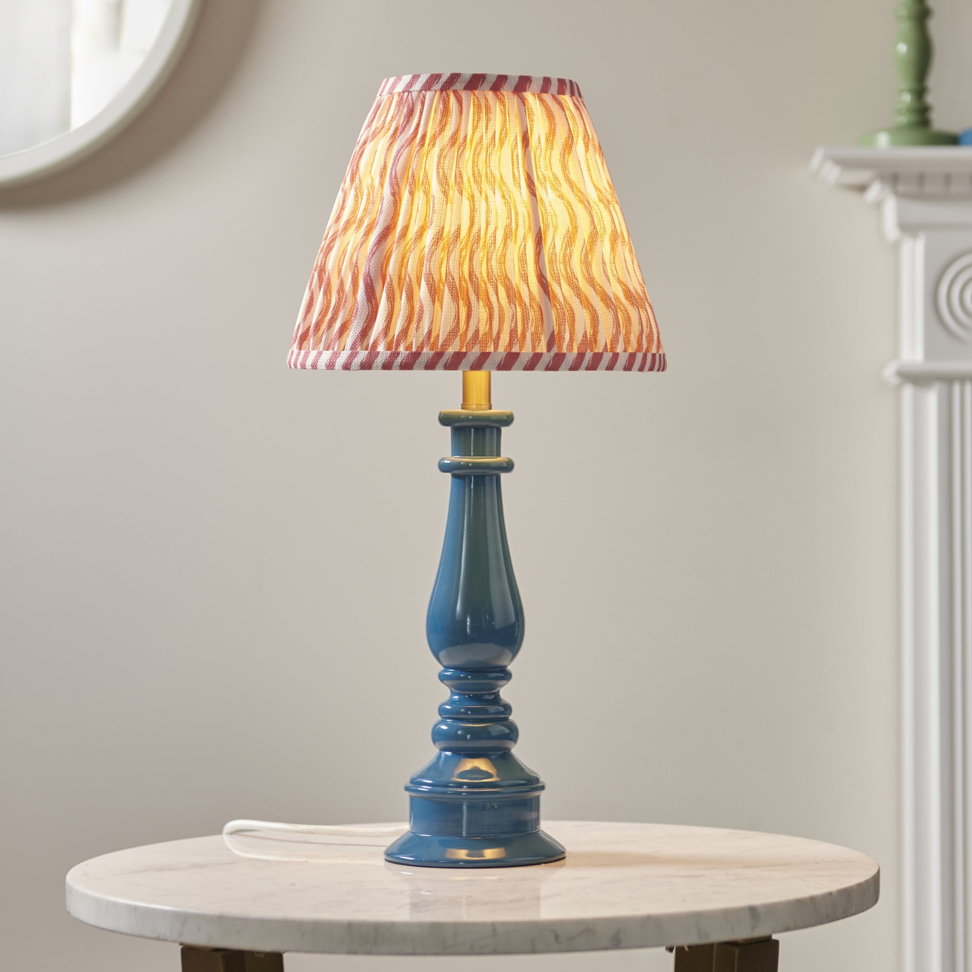 Endon Myrtle Gloss Marlin Blue Table Lamp & Ripple 25cm Coral Pink Shade