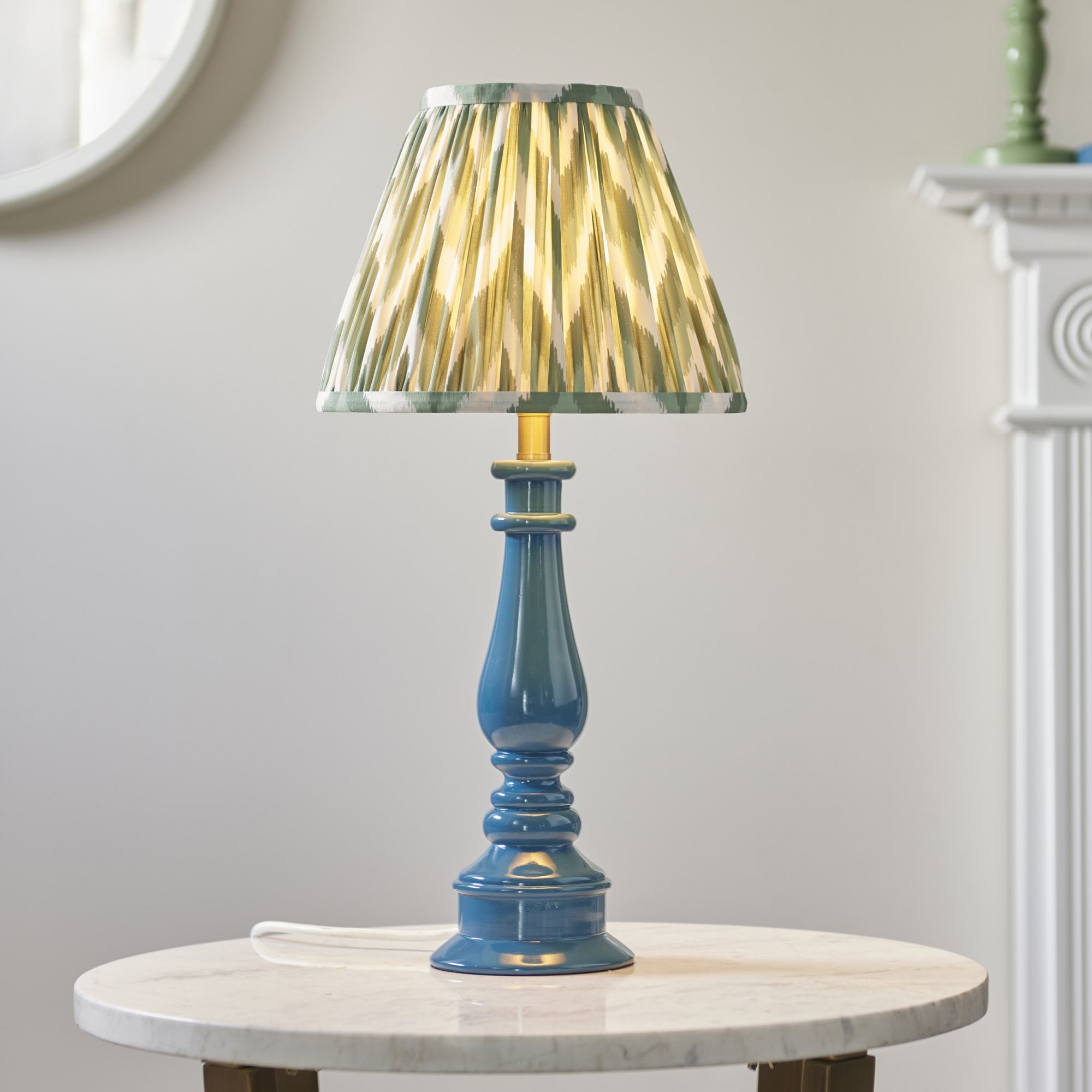 Endon Myrtle Gloss Marlin Blue Table Lamp & Zigzag 25cm Cotswold Green Shade