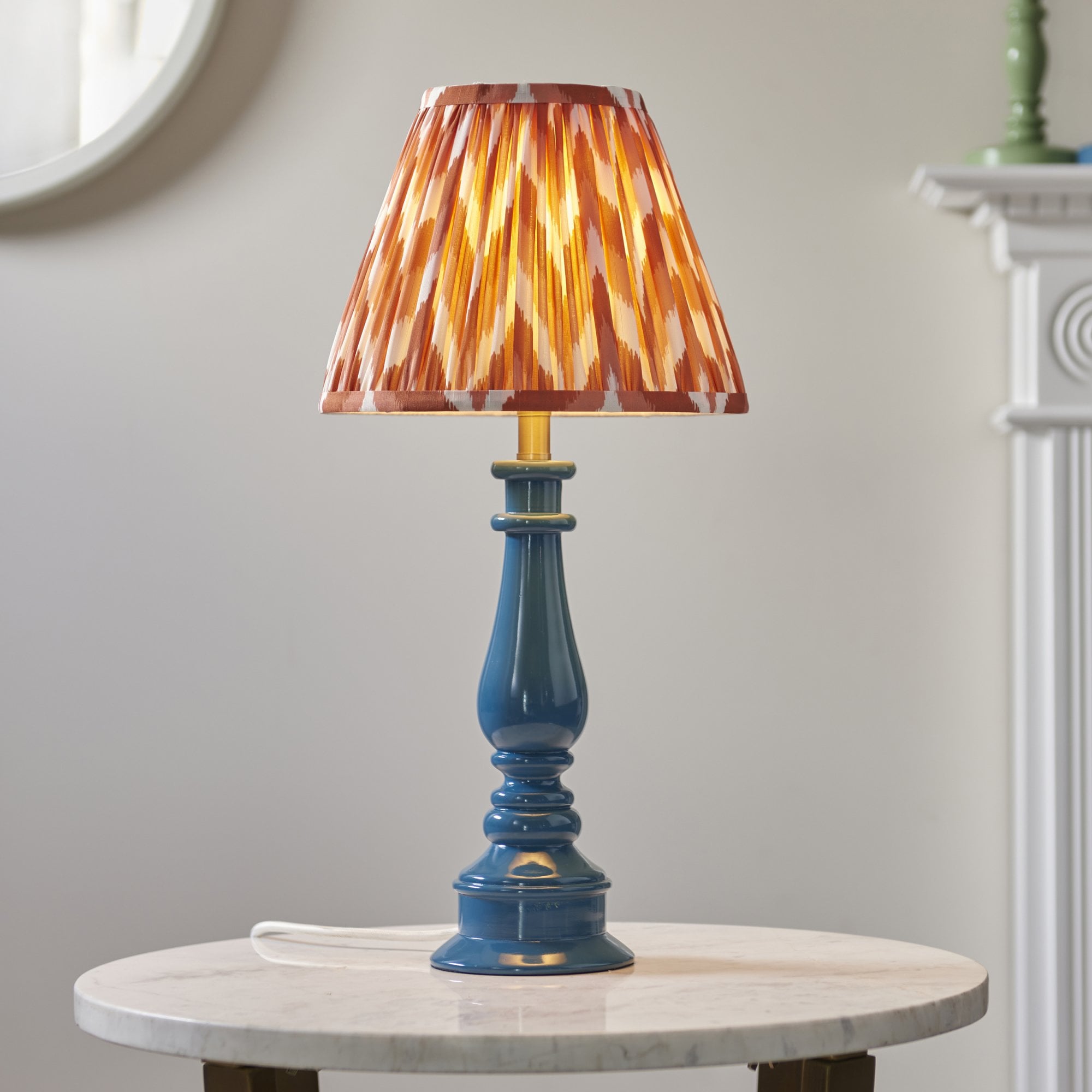 Endon Myrtle Gloss Marlin Blue Table Lamp & Zigzag 25cm Apricot Orange Shade