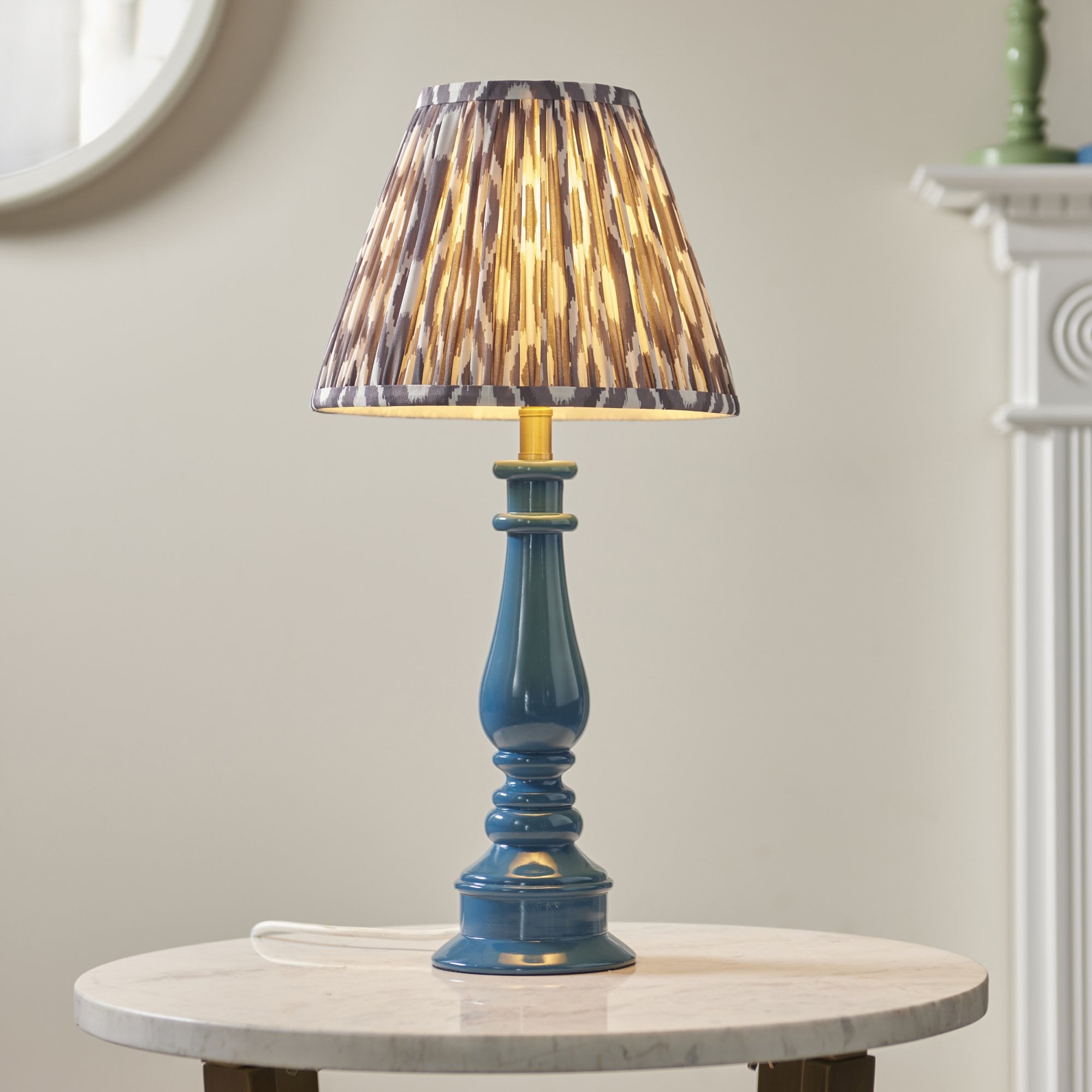 Endon Myrtle Gloss Marlin Blue Table Lamp & Ikat 25cm Pearl Grey Shade