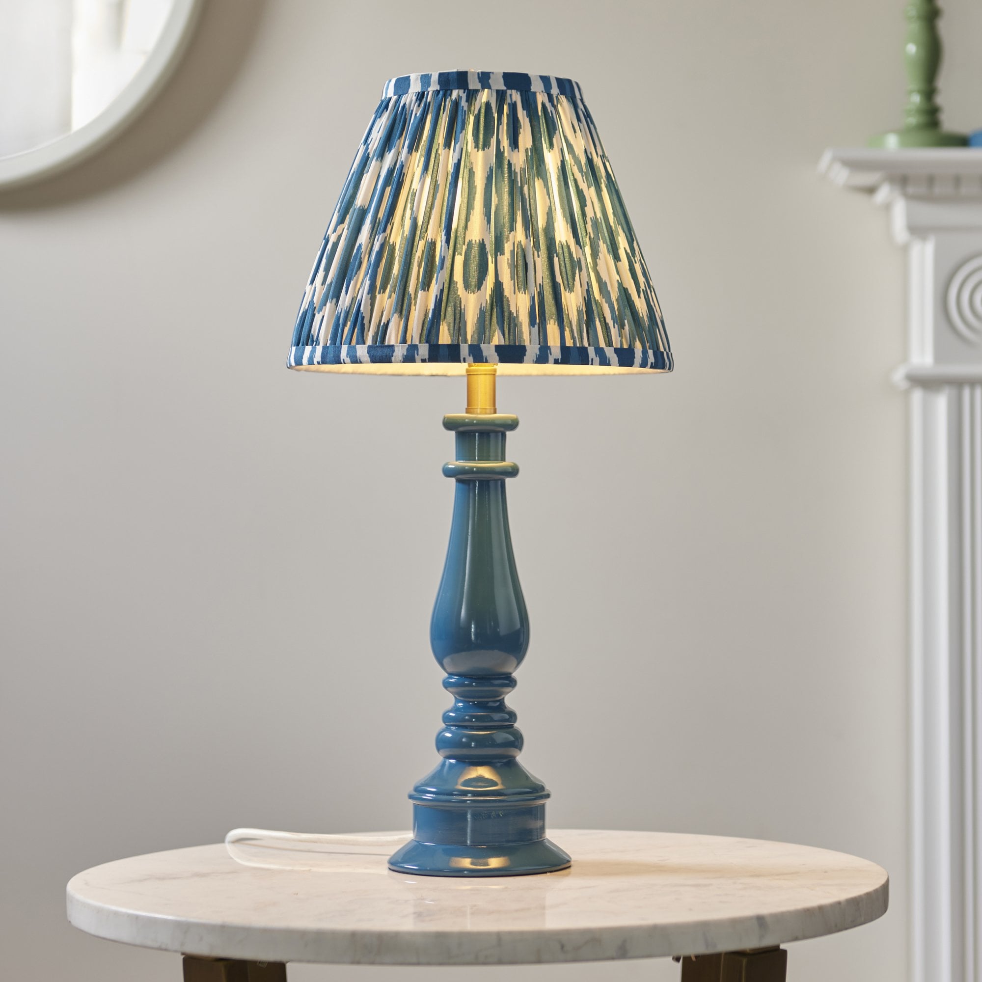 Endon Myrtle Gloss Marlin Blue Table Lamp & Ikat 25cm Marlin Blue Shade