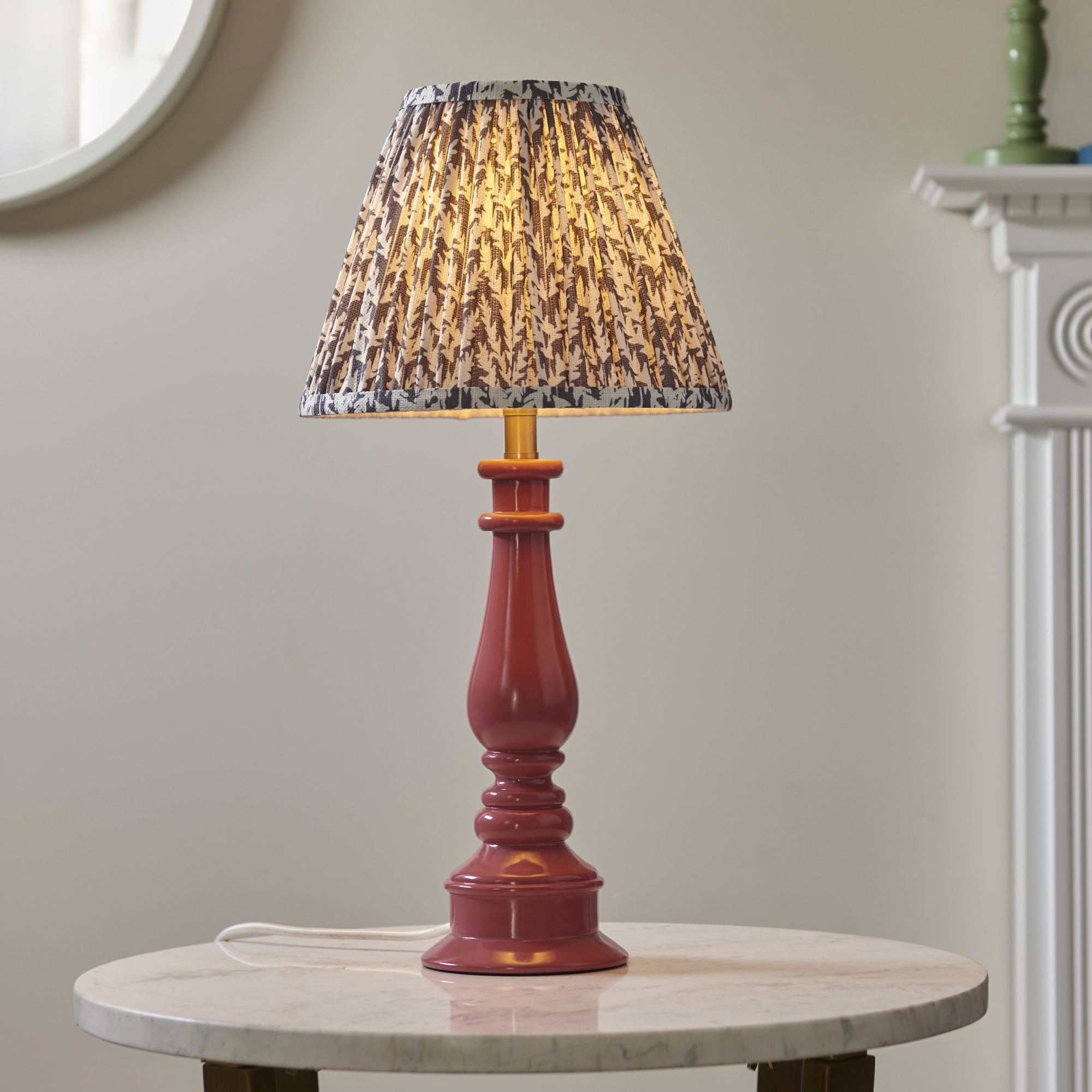 Endon Myrtle Gloss Pink Clay Table Lamp & Leaf 25cm Pearl Grey Shade