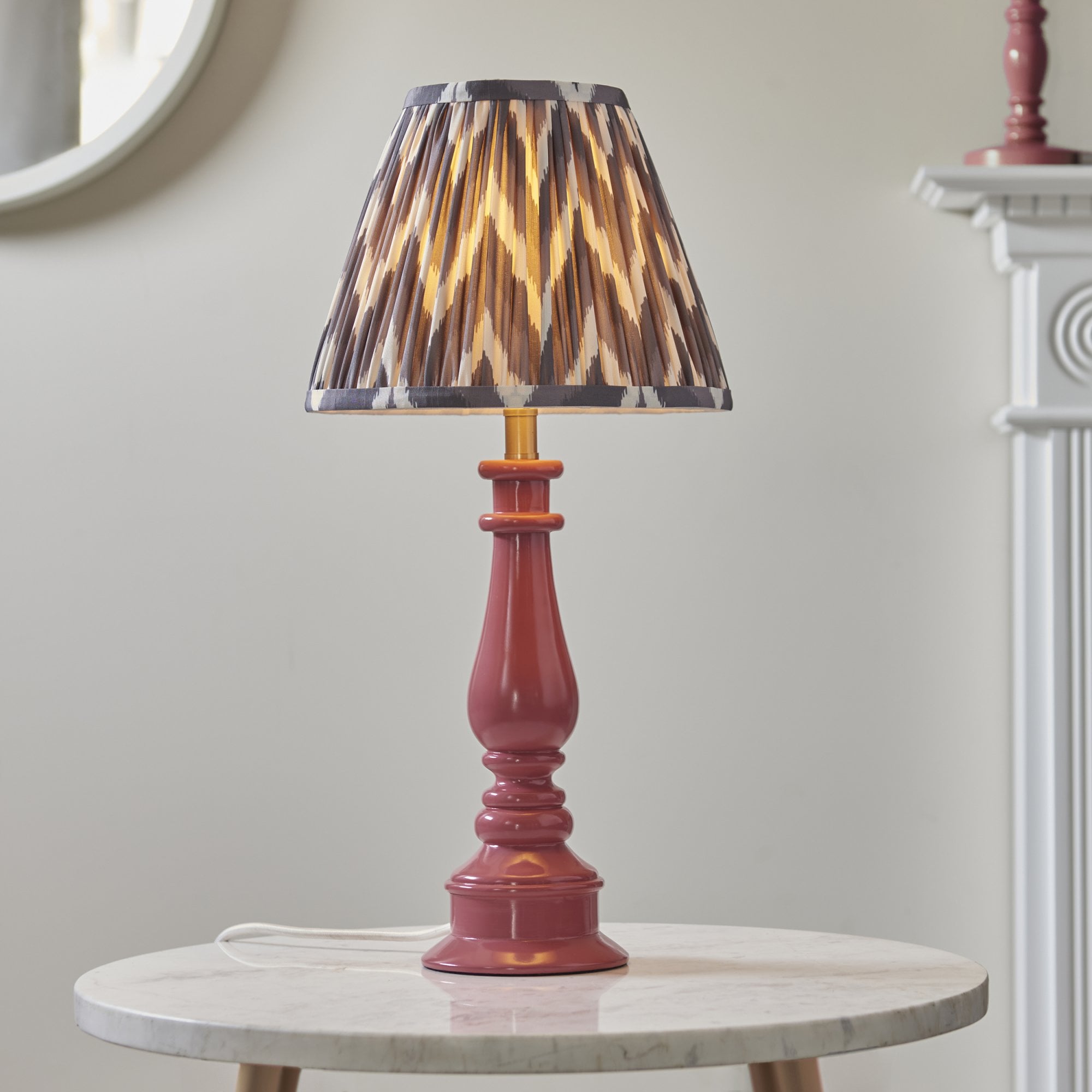 Endon Myrtle Gloss Pink Clay Table Lamp & Zigzag 25cm Pearl Grey Shade
