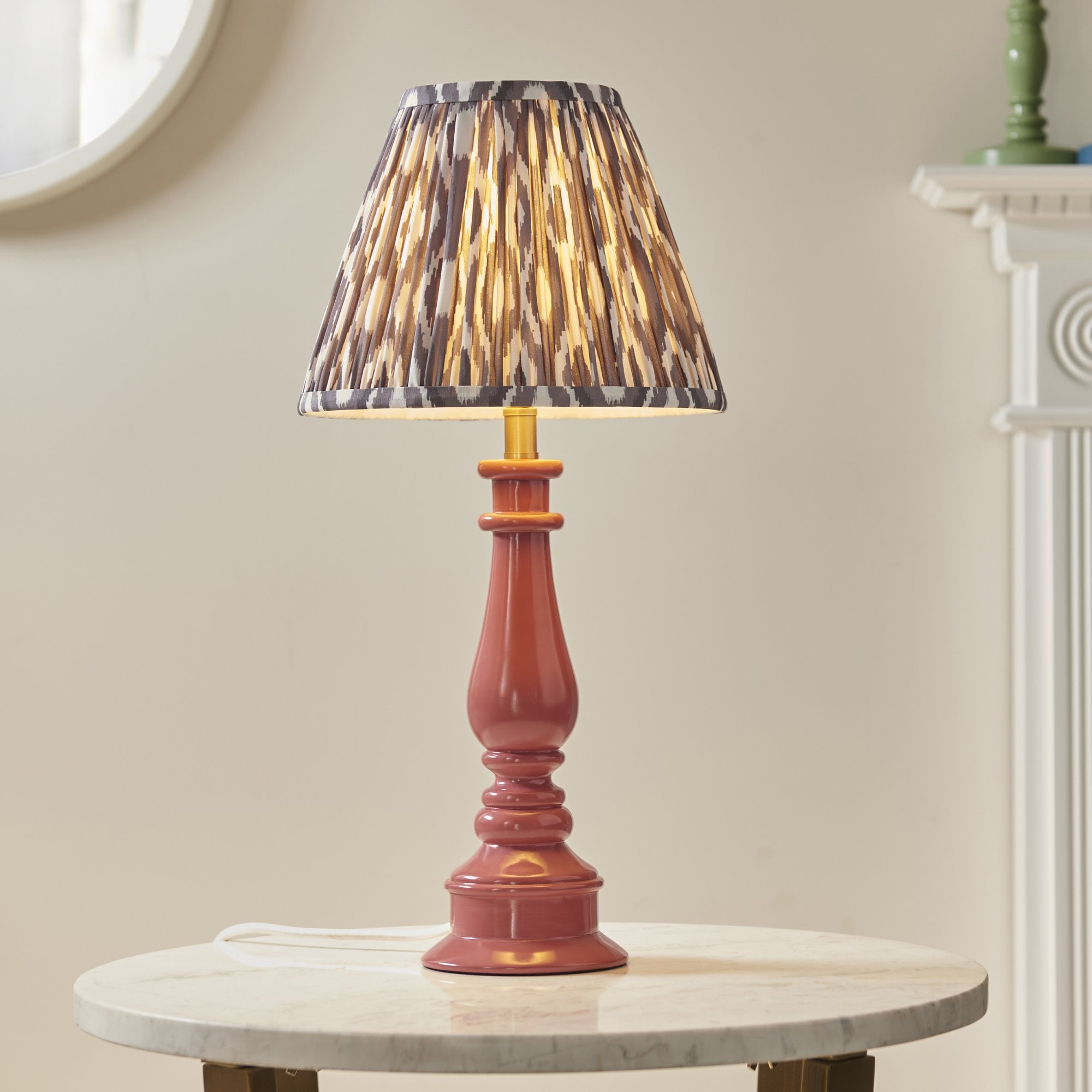 Endon Myrtle Gloss Pink Clay Table Lamp & Ikat 25cm Pearl Grey Shade