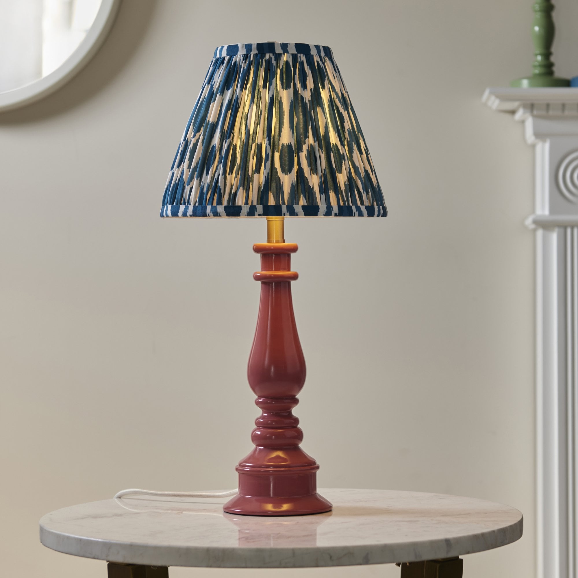 Endon Myrtle Gloss Pink Clay Table Lamp & Ikat 25cm Marlin Blue Shade