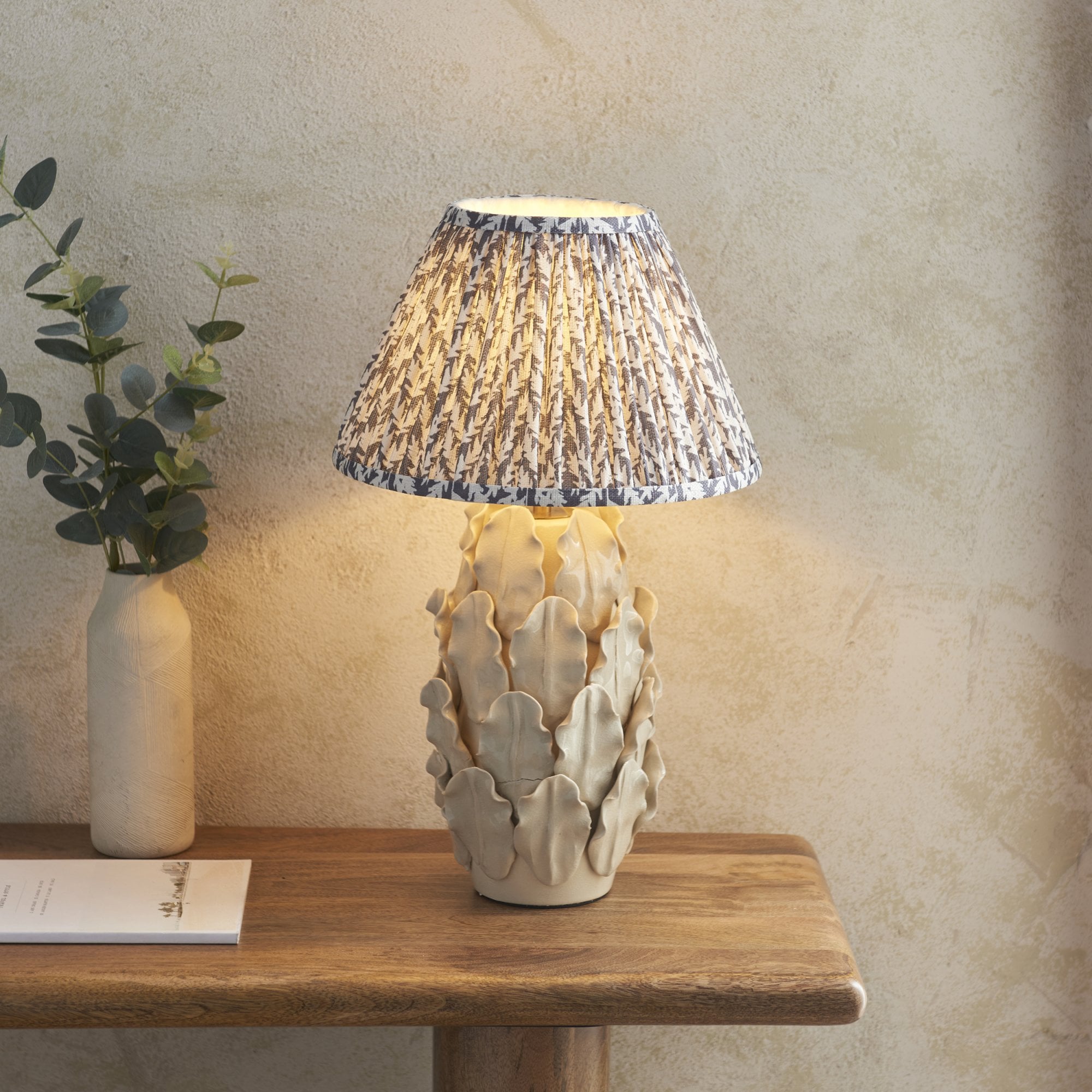 Endon Layered Decorative Leaf Ivory Crackle Glaze Ceramic Table Lamp & Leaf 30cm Pearl Grey Shade