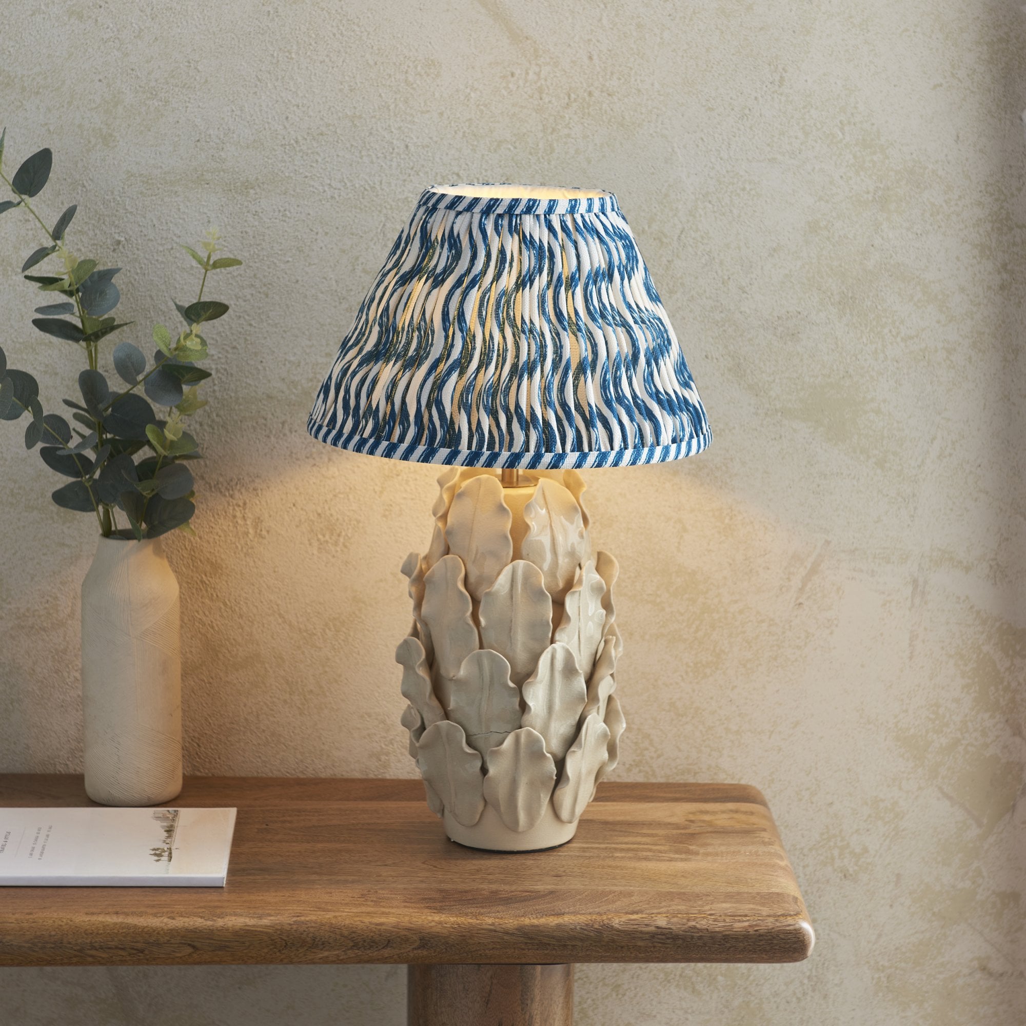 Endon Layered Decorative Leaf Ivory Crackle Glaze Ceramic Table Lamp & Ripple 30cm Marlin Blue Shade