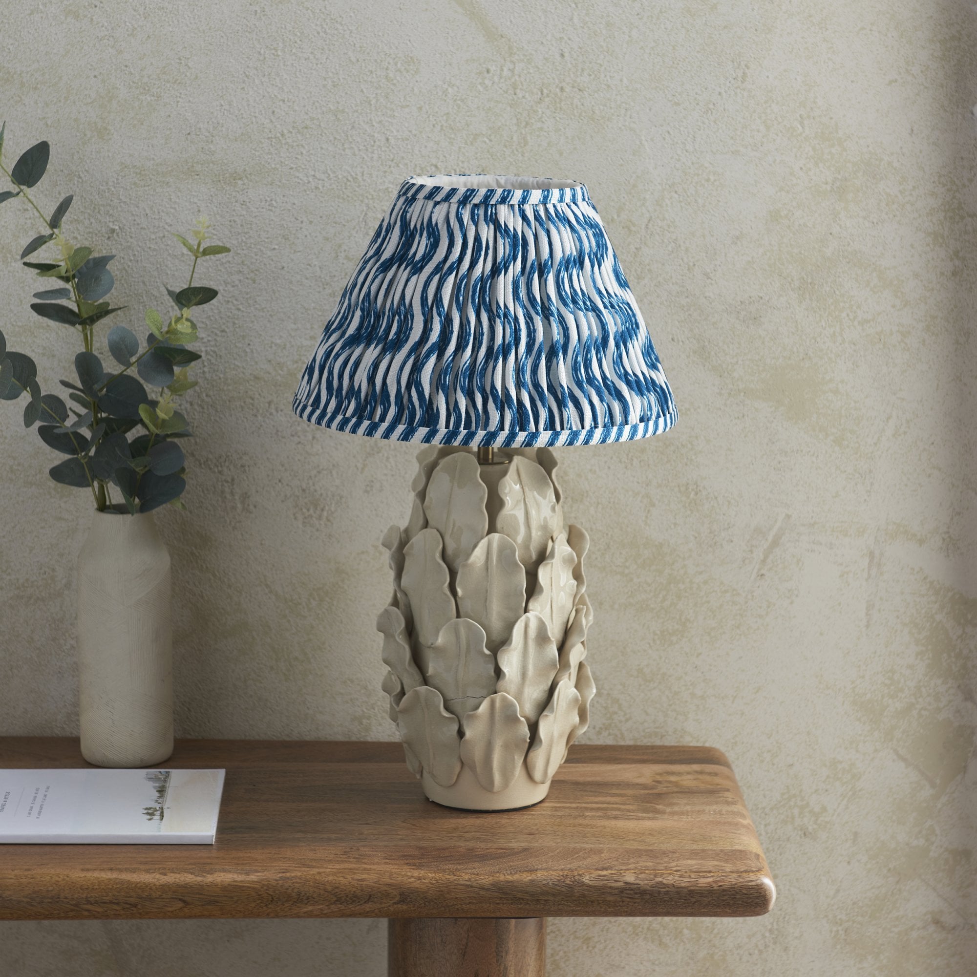 Endon Layered Decorative Leaf Ivory Crackle Glaze Ceramic Table Lamp & Ripple 30cm Marlin Blue Shade