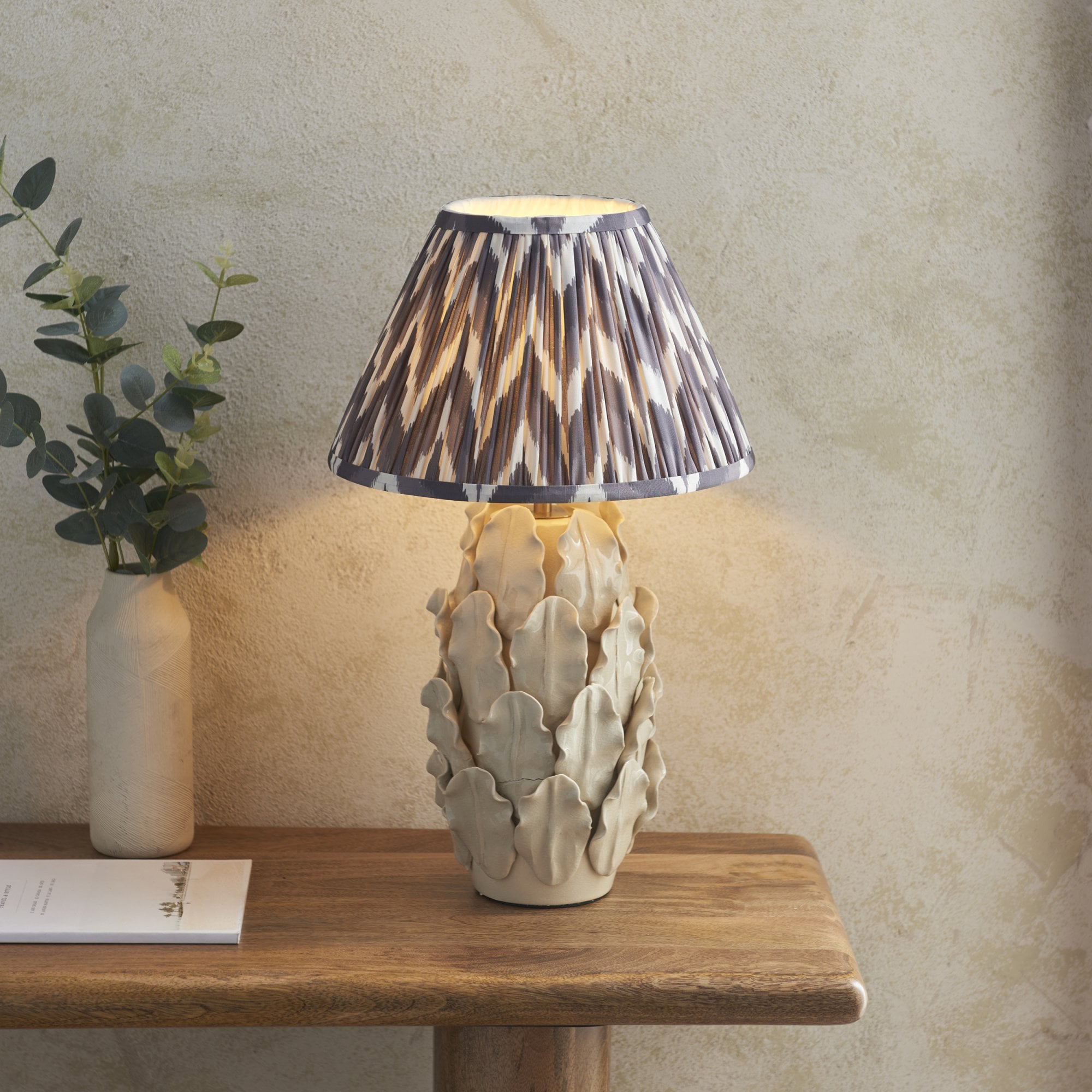 Endon Layered Decorative Leaf Ivory Crackle Glaze Ceramic Table Lamp & Zigzag 30cm Pearl Grey Shade
