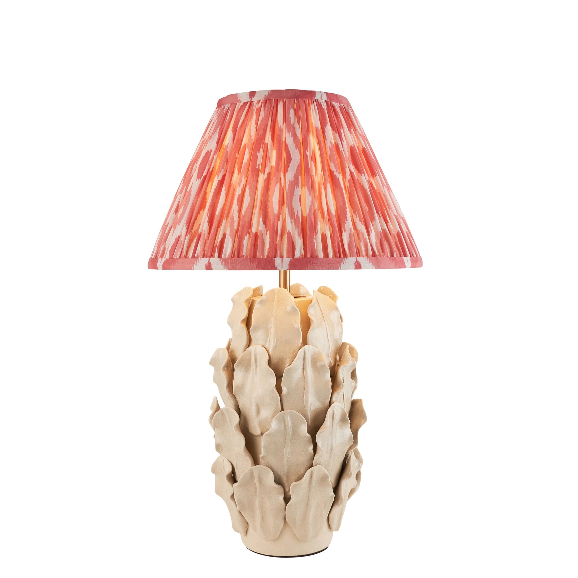 Endon Layered Decorative Leaf Ivory Crackle Glaze Ceramic Table Lamp & Ikat 30cm Coral Pink Shade