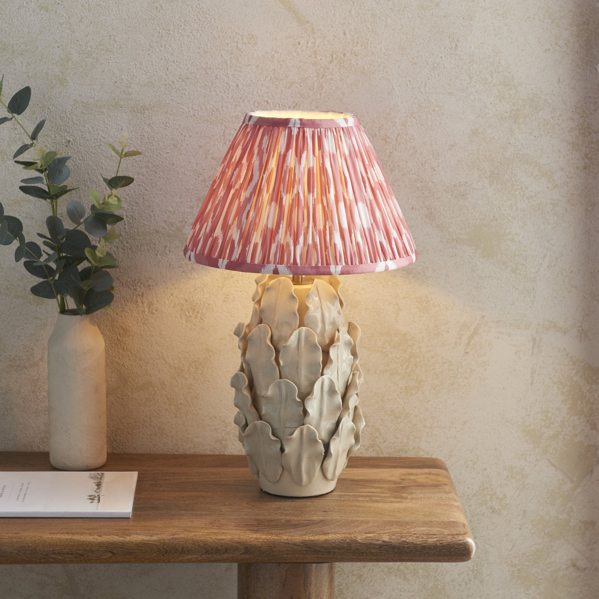 Endon Layered Decorative Leaf Ivory Crackle Glaze Ceramic Table Lamp & Ikat 30cm Coral Pink Shade