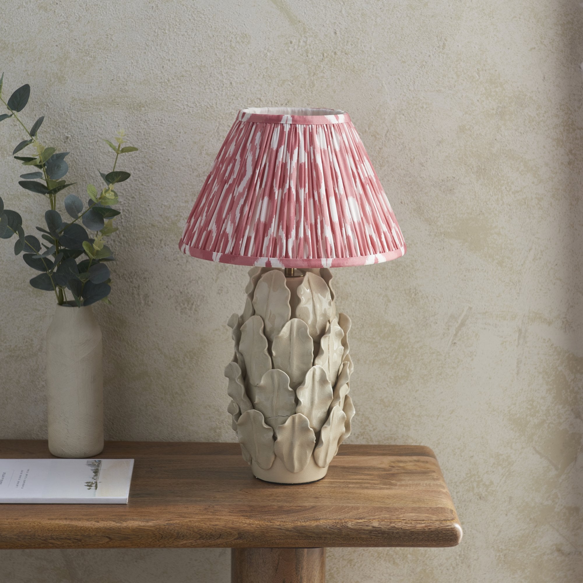 Endon Layered Decorative Leaf Ivory Crackle Glaze Ceramic Table Lamp & Ikat 30cm Coral Pink Shade