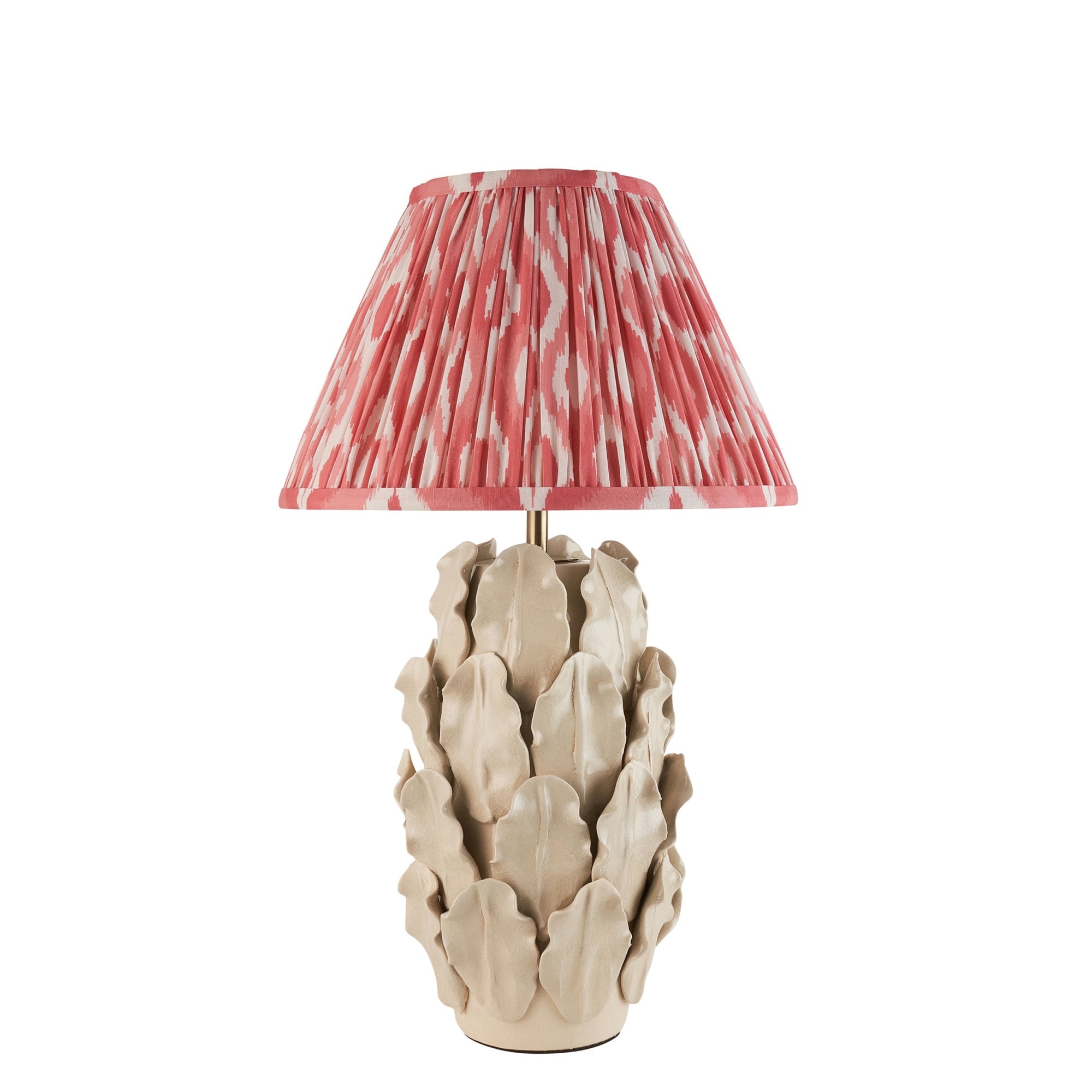 Endon Layered Decorative Leaf Ivory Crackle Glaze Ceramic Table Lamp & Ikat 30cm Coral Pink Shade