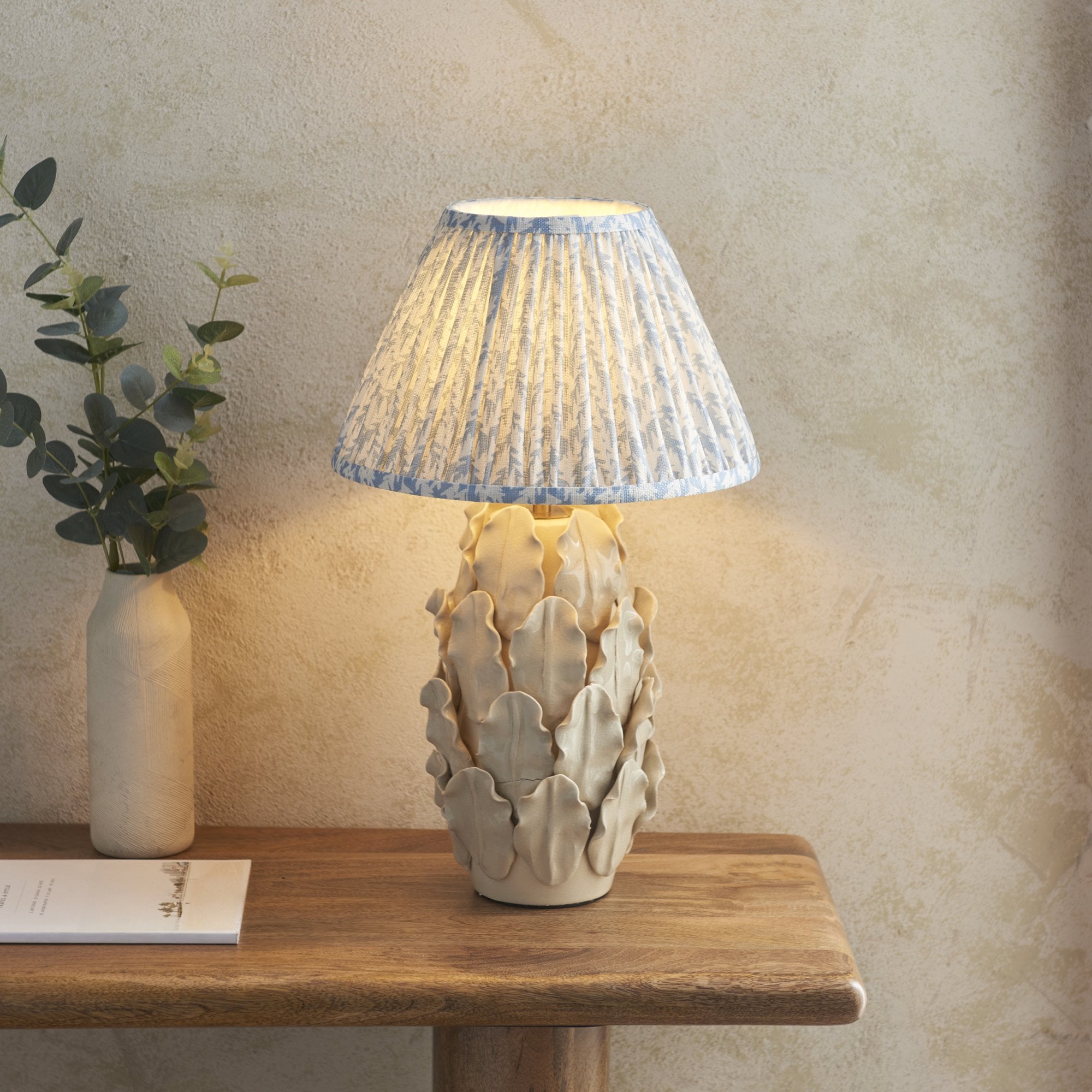 Endon Layered Decorative Leaf Ivory Crackle Glaze Ceramic Table Lamp & Leaf 30cm Shell Bay Blue Shade