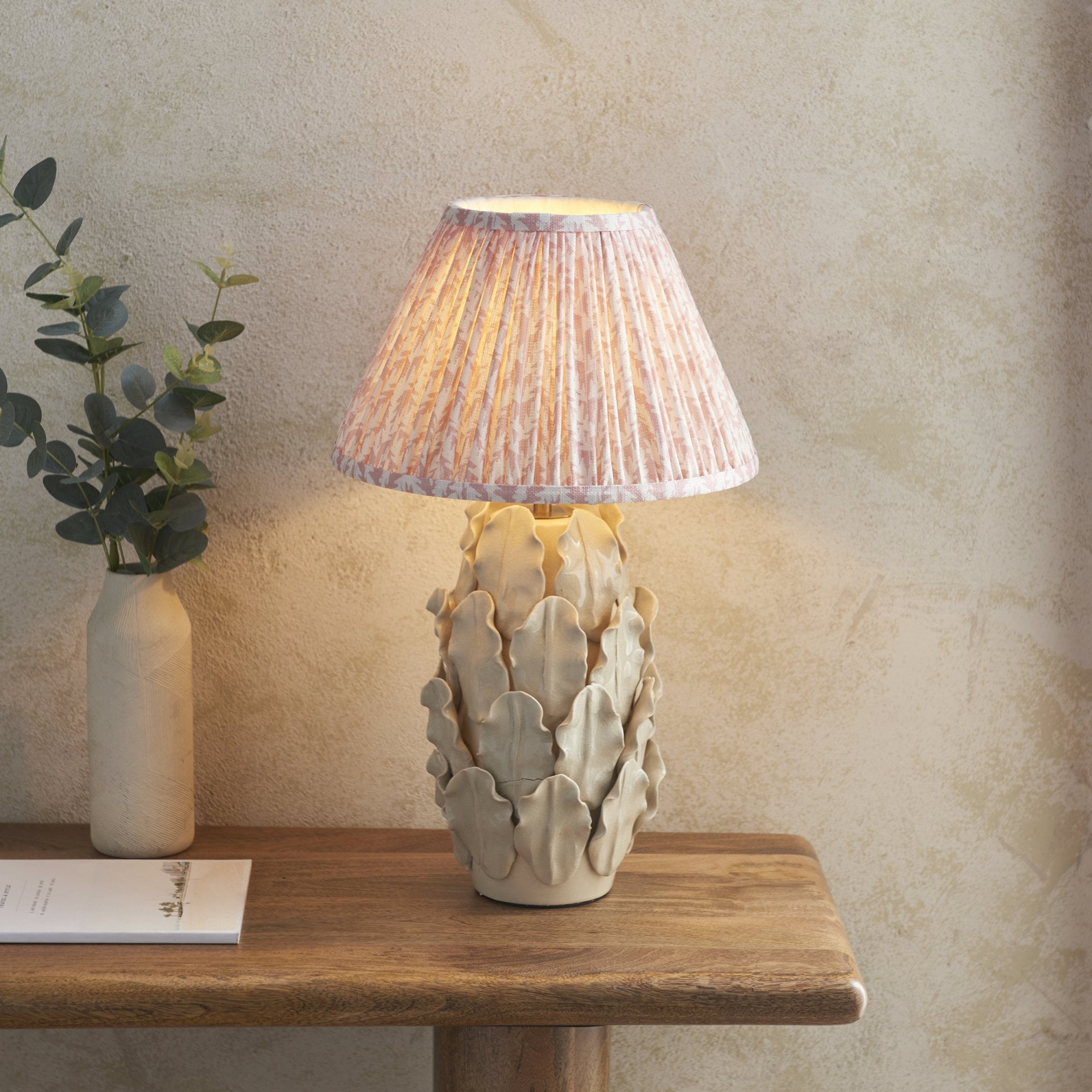 Endon Layered Decorative Leaf Ivory Crackle Glaze Ceramic Table Lamp & Leaf 30cm Peachy Keen Shade