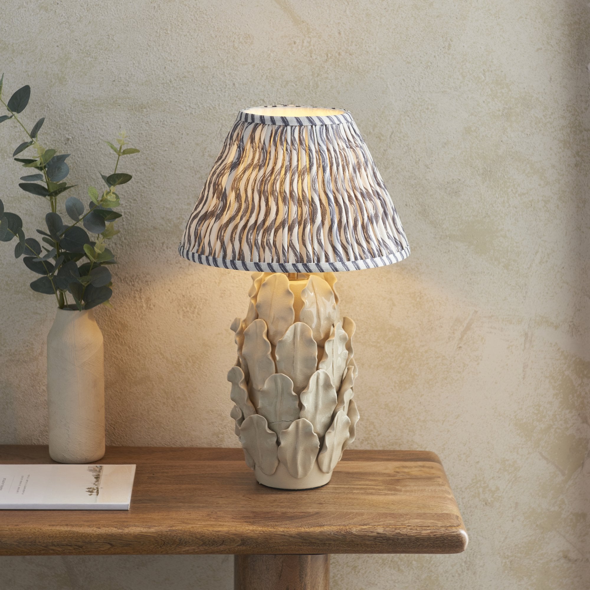 Endon Layered Decorative Leaf Ivory Crackle Glaze Ceramicable Table Lamp & Ripple 30cm Pearl Grey Shade