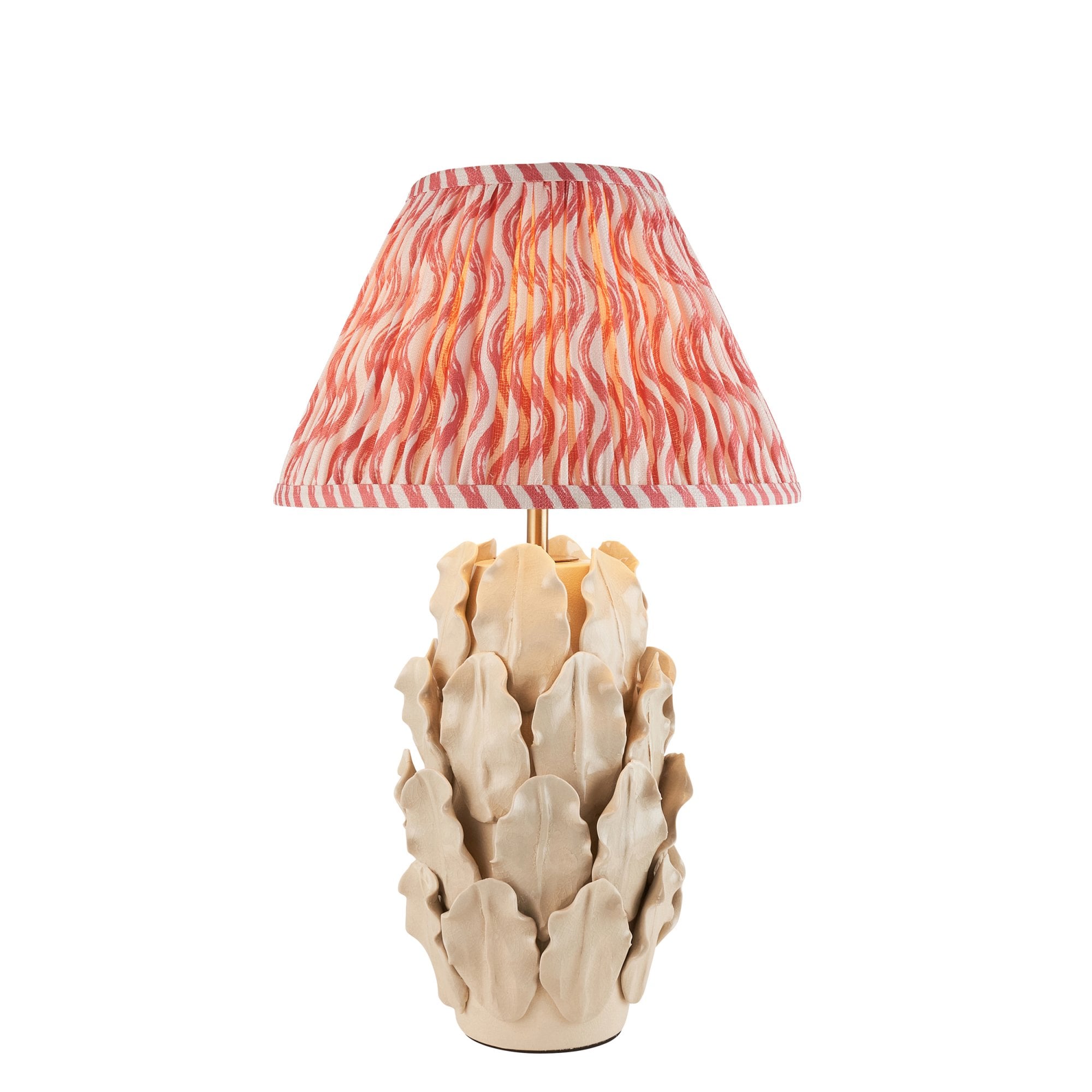 Endon Layered Decorative Leaf Ivory Crackle Glaze Ceramic Table Lamp & Ripple 30cm Coral Pink Shade