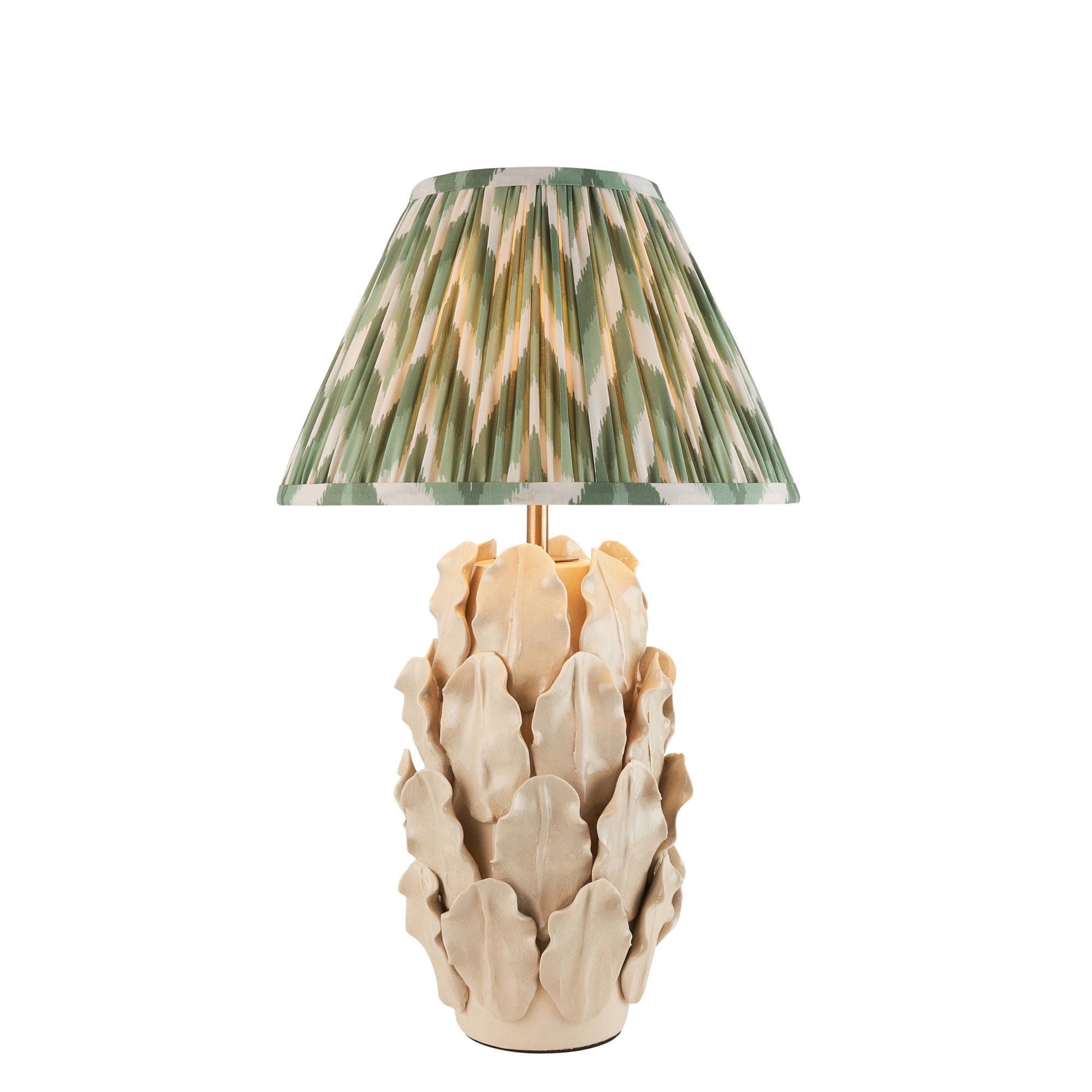 Endon Layered Decorative Leaf Ivory Crackle Glaze Ceramic Table Lamp & Zigzag 30cm Cotswold Green Shade