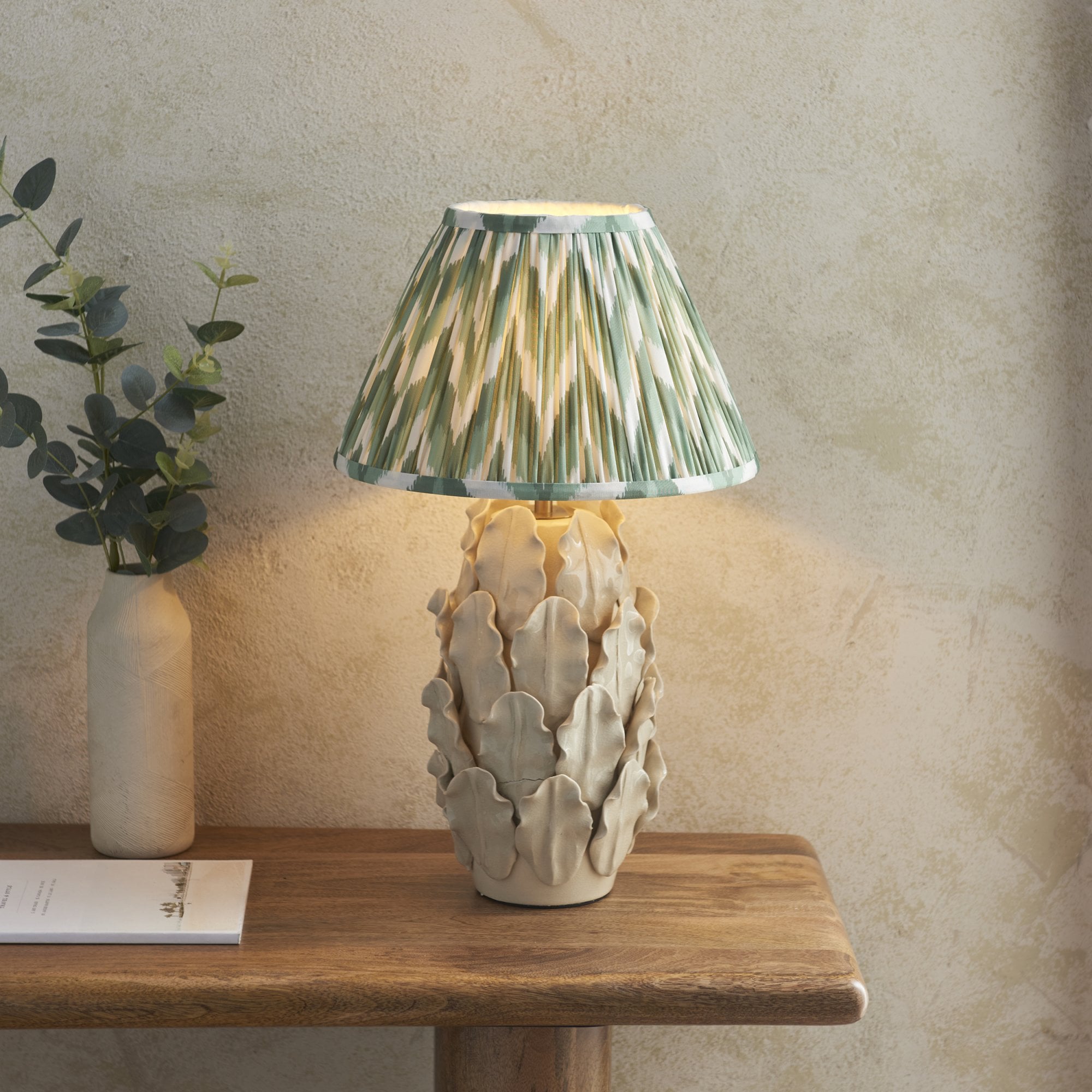 Endon Layered Decorative Leaf Ivory Crackle Glaze Ceramic Table Lamp & Zigzag 30cm Cotswold Green Shade