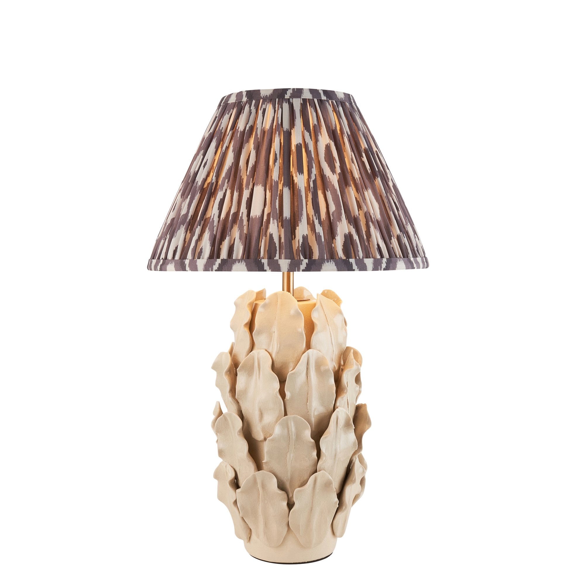 Endon Layered Decorative Leaf Ivory Crackle Glaze Ceramic Table Lamp & Ikat 30cm Pearl Grey Shade