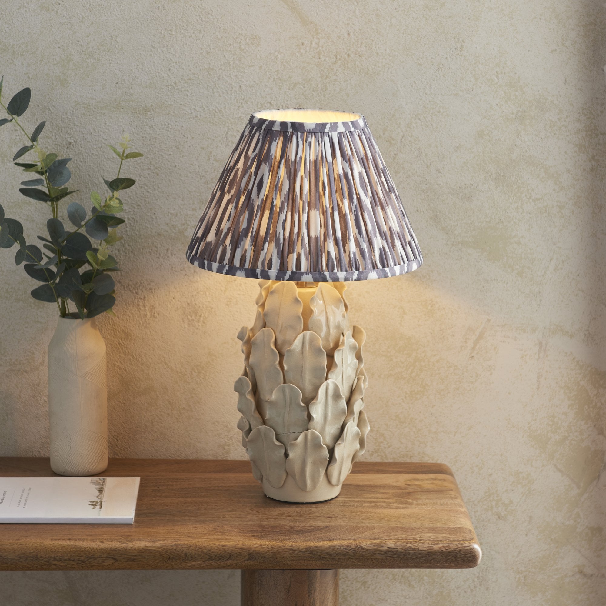 Endon Layered Decorative Leaf Ivory Crackle Glaze Ceramic Table Lamp & Ikat 30cm Pearl Grey Shade