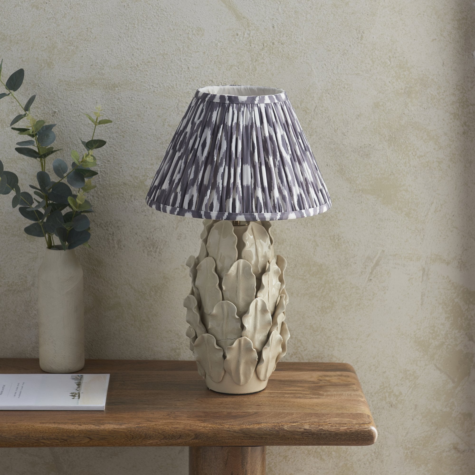 Endon Layered Decorative Leaf Ivory Crackle Glaze Ceramic Table Lamp & Ikat 30cm Pearl Grey Shade