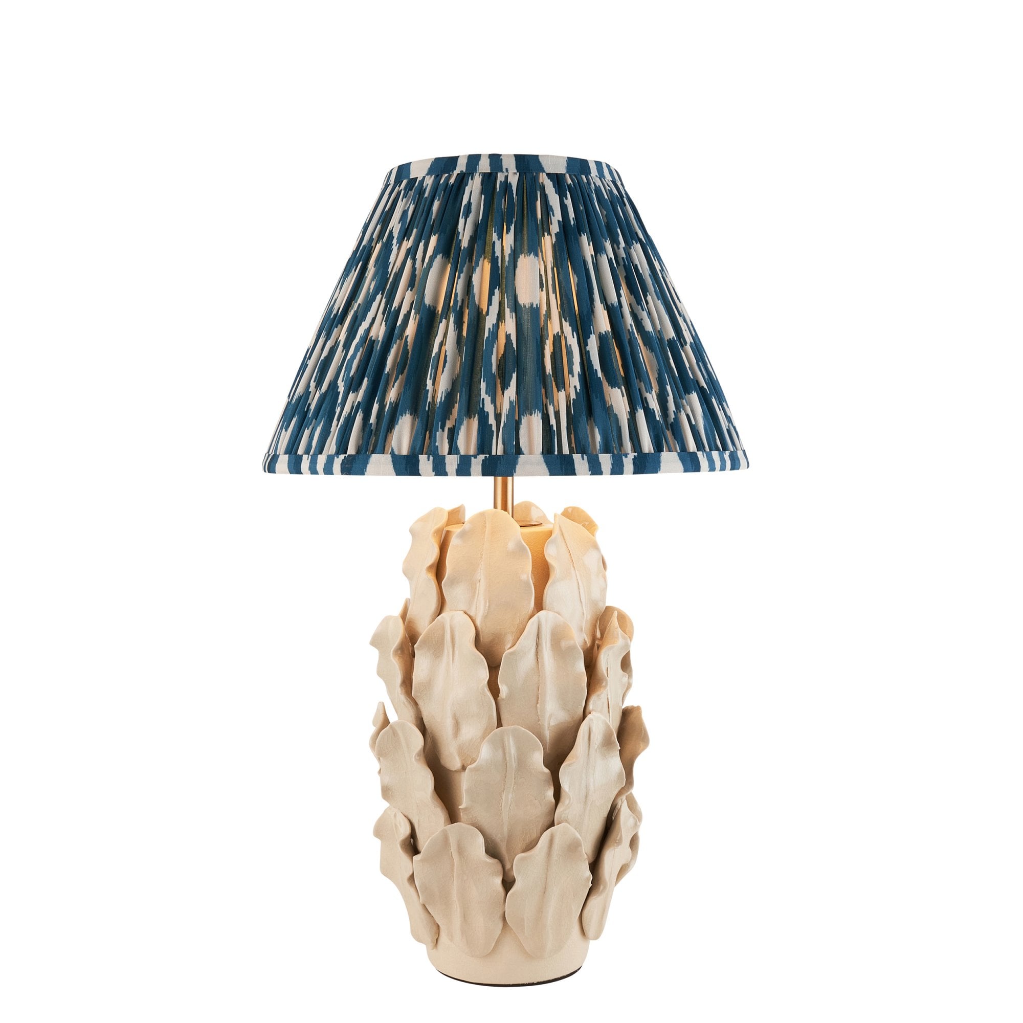 Endon Layered Decorative Leaf Ivory Crackle Glaze Ceramic Table Lamp & Ikat 30cm Marlin Blue Shade