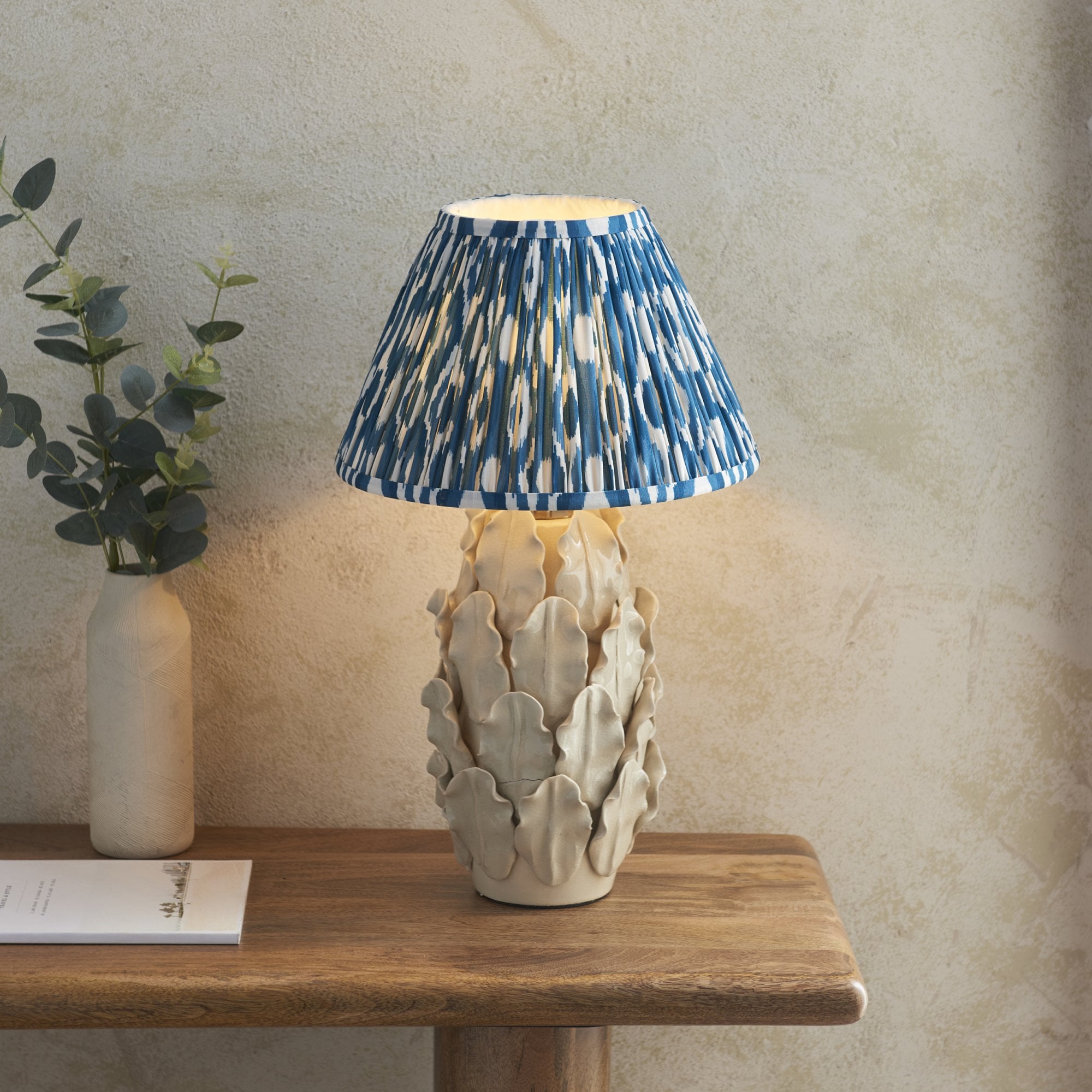 Endon Layered Decorative Leaf Ivory Crackle Glaze Ceramic Table Lamp & Ikat 30cm Marlin Blue Shade