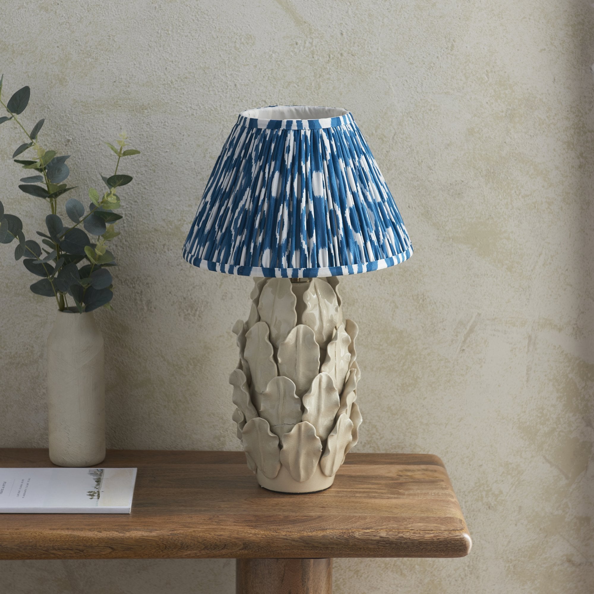 Endon Layered Decorative Leaf Ivory Crackle Glaze Ceramic Table Lamp & Ikat 30cm Marlin Blue Shade