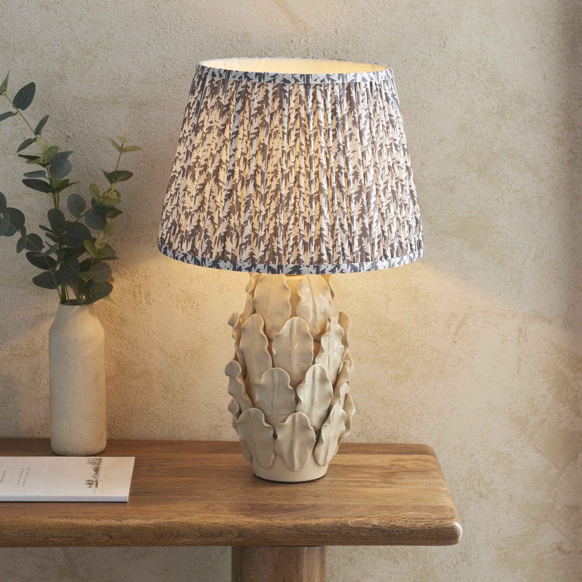 Endon Layered Decorative Leaf Ivory Crackle Glaze Ceramic Table Lamp & Leaf 35cm Pearl Grey Shade